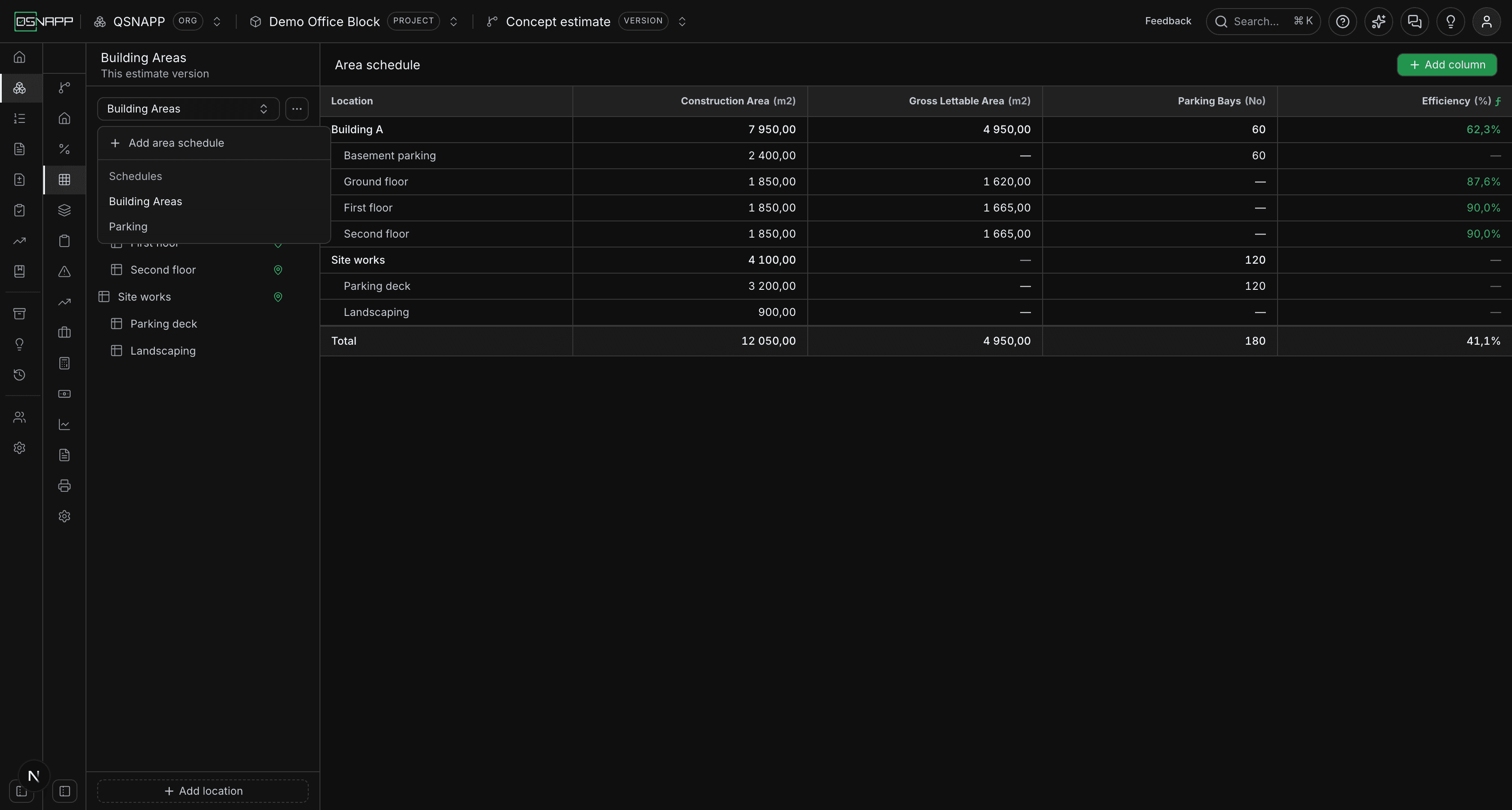 The schedule picker open, listing a Building Areas schedule and a Parking schedule