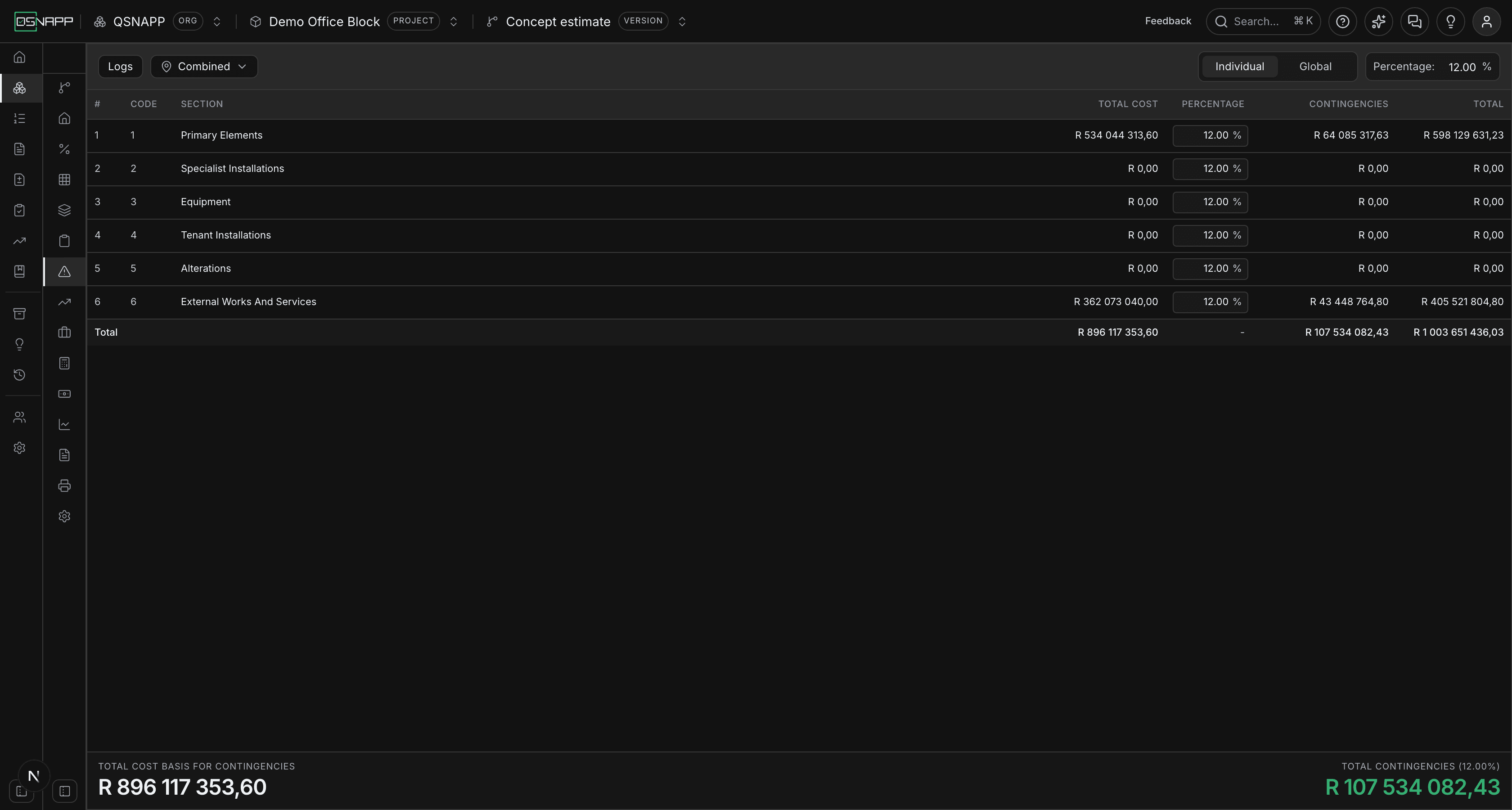 The contingencies tab showing one row per elemental section, each with a total cost that includes preliminaries, a percentage box, the contingency amount and a total