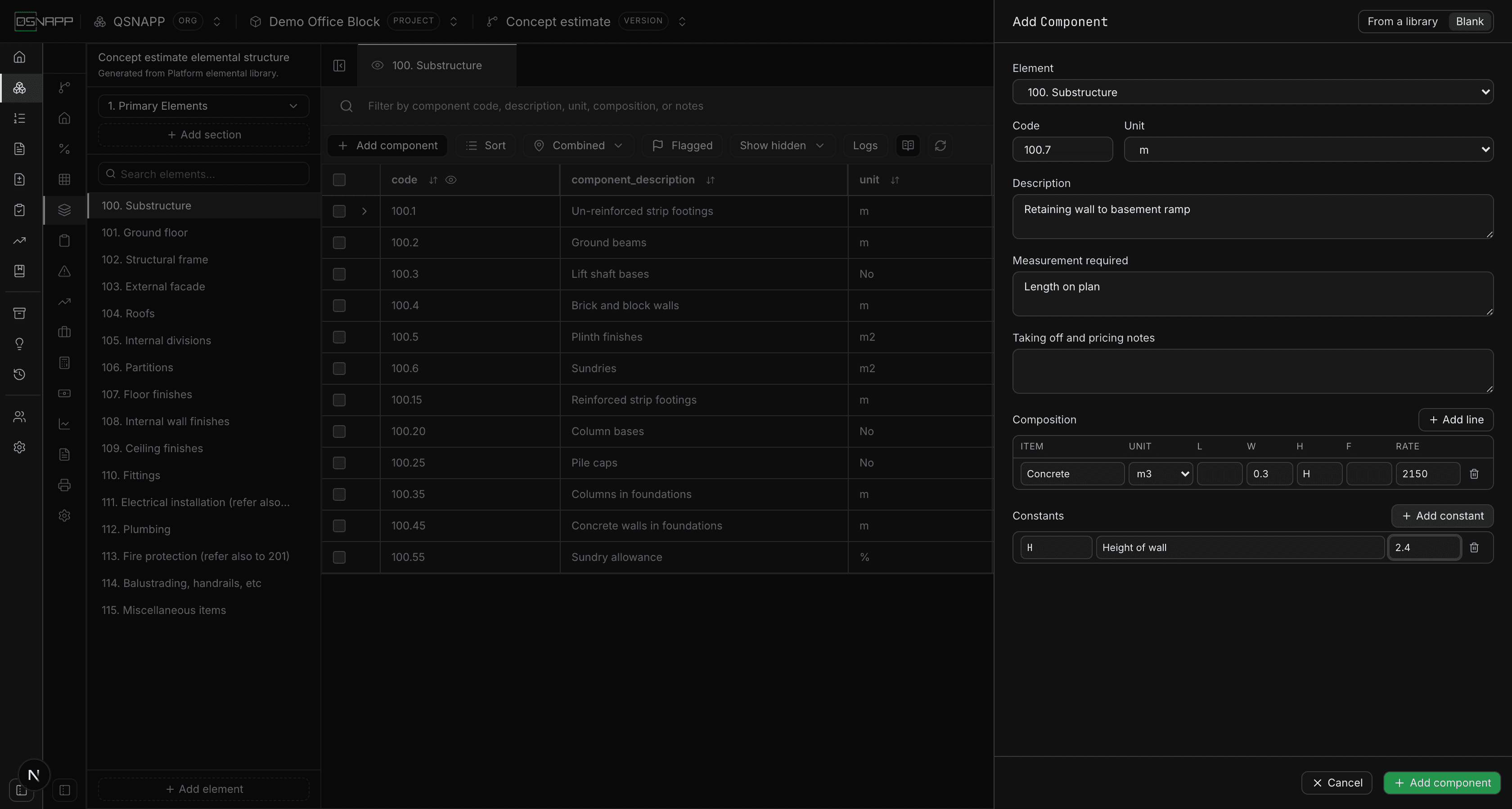 The Add Component drawer on its Blank tab, with a description, a unit, one composition line with dimensions and a rate, and one constant filled in