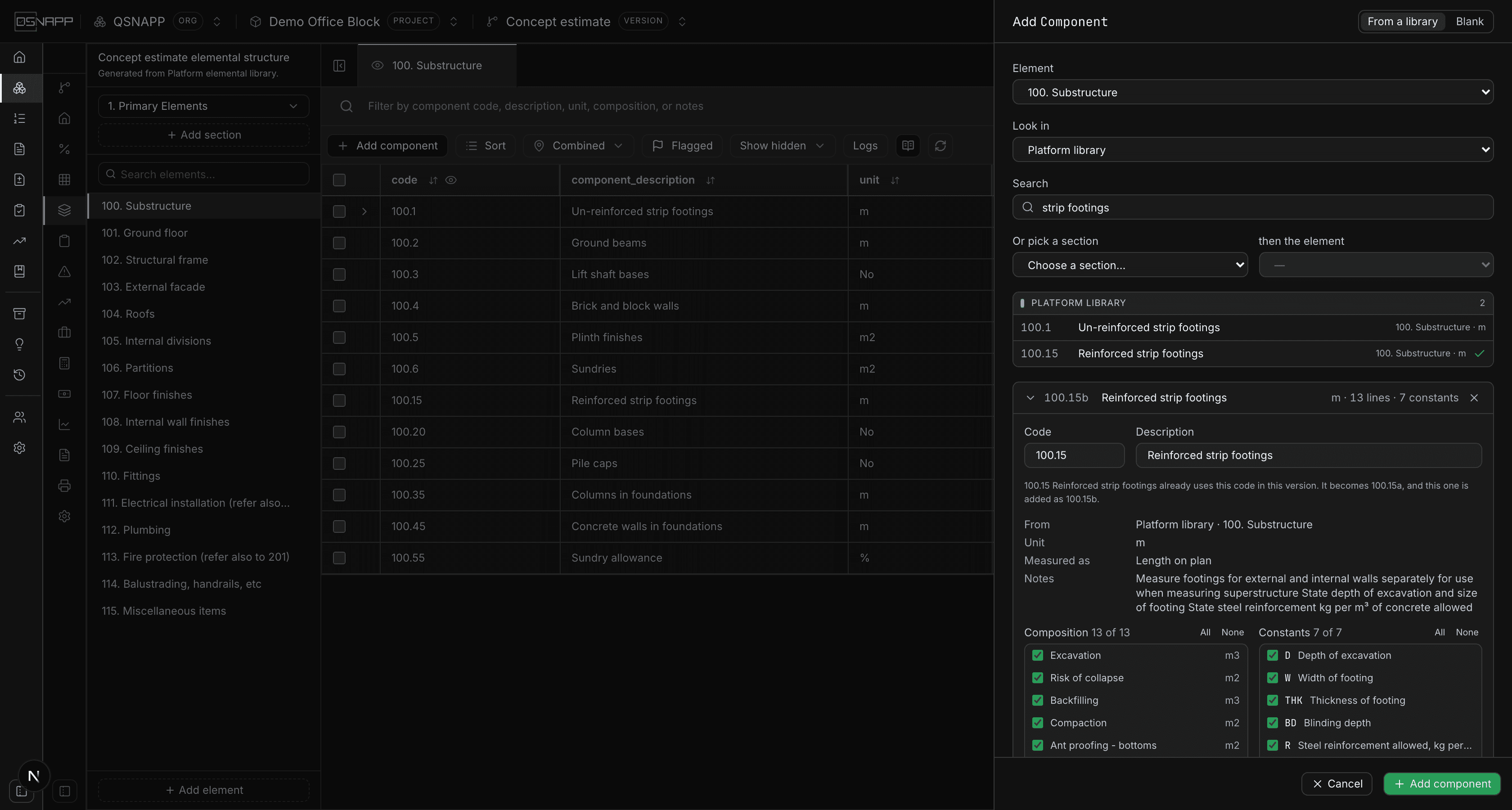 The Add Component drawer with the platform library chosen, a search for strip footings, and the chosen component's lines and constants ticked