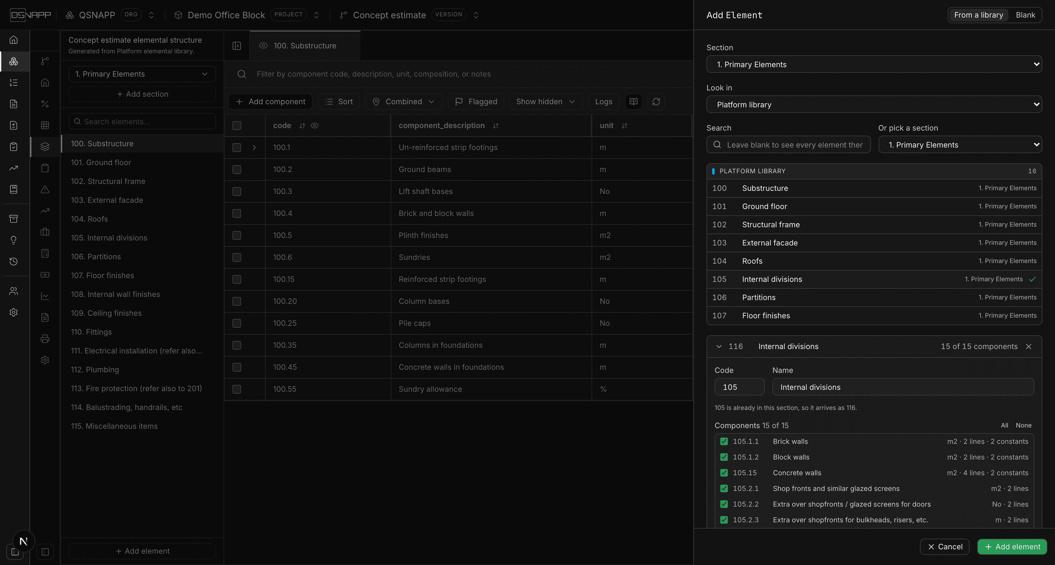 The Add Element drawer with the platform library chosen, a section picked, and an element's components listed with ticks