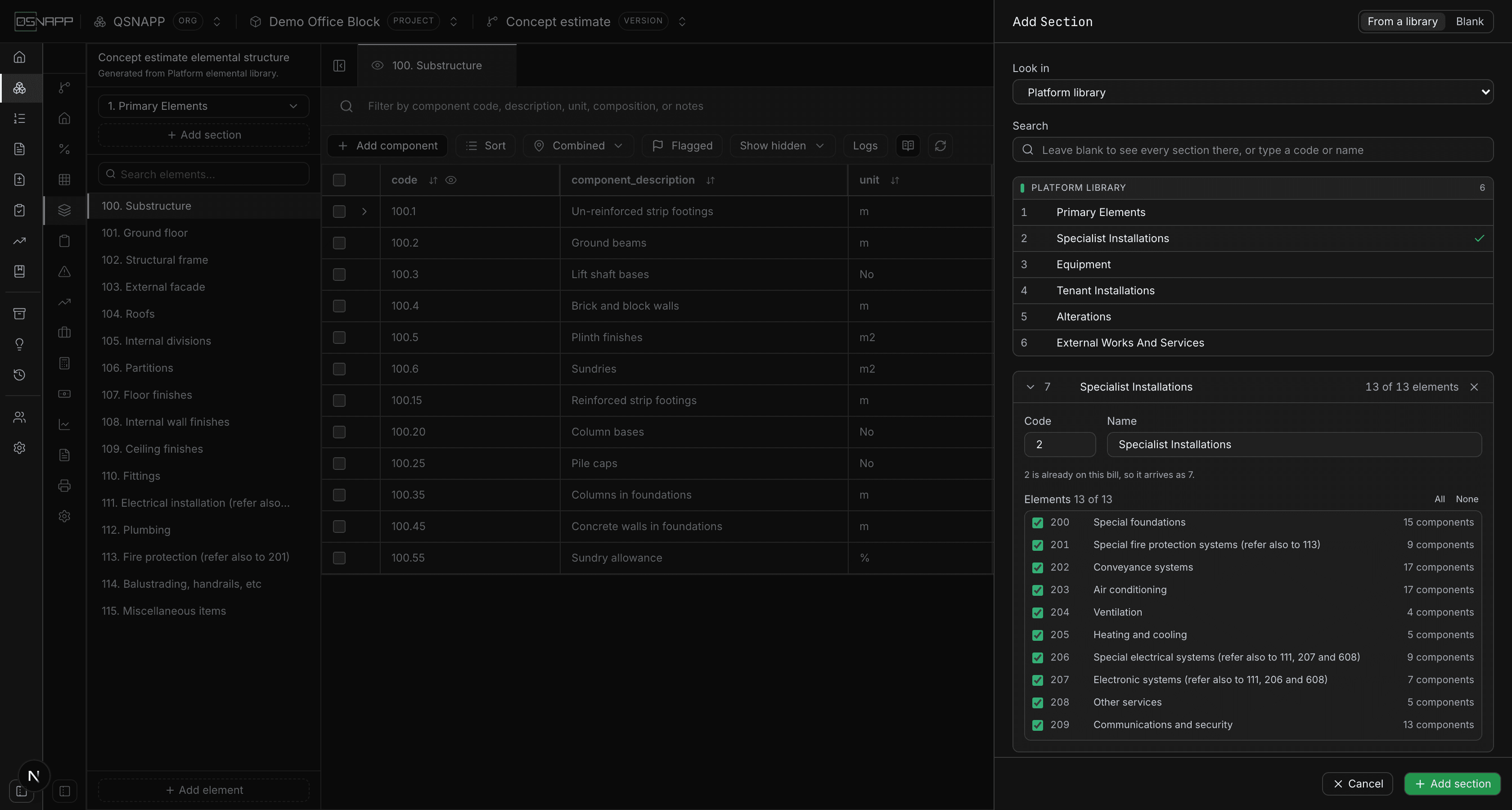 The Add Section drawer listing the platform library's sections, with one chosen and its elements listed with component counts