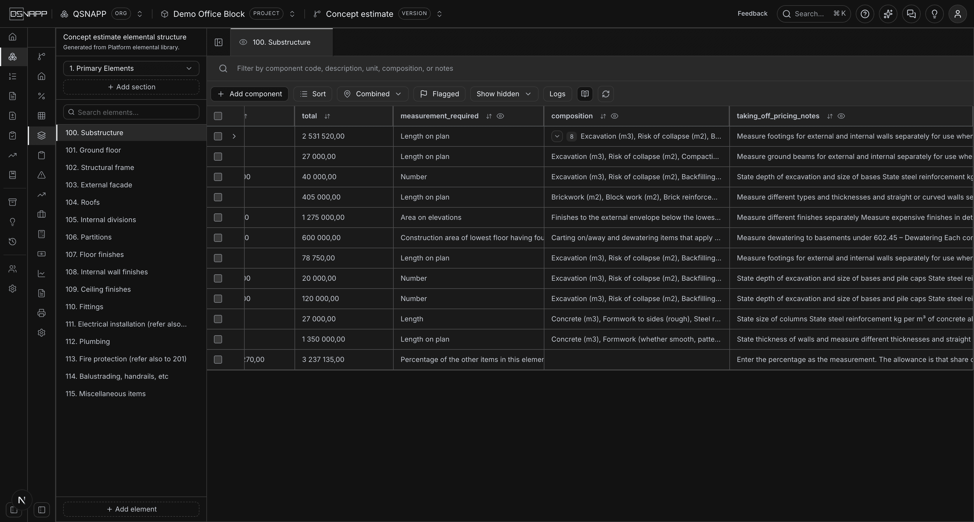 The grid scrolled right to show the composition and taking-off note columns