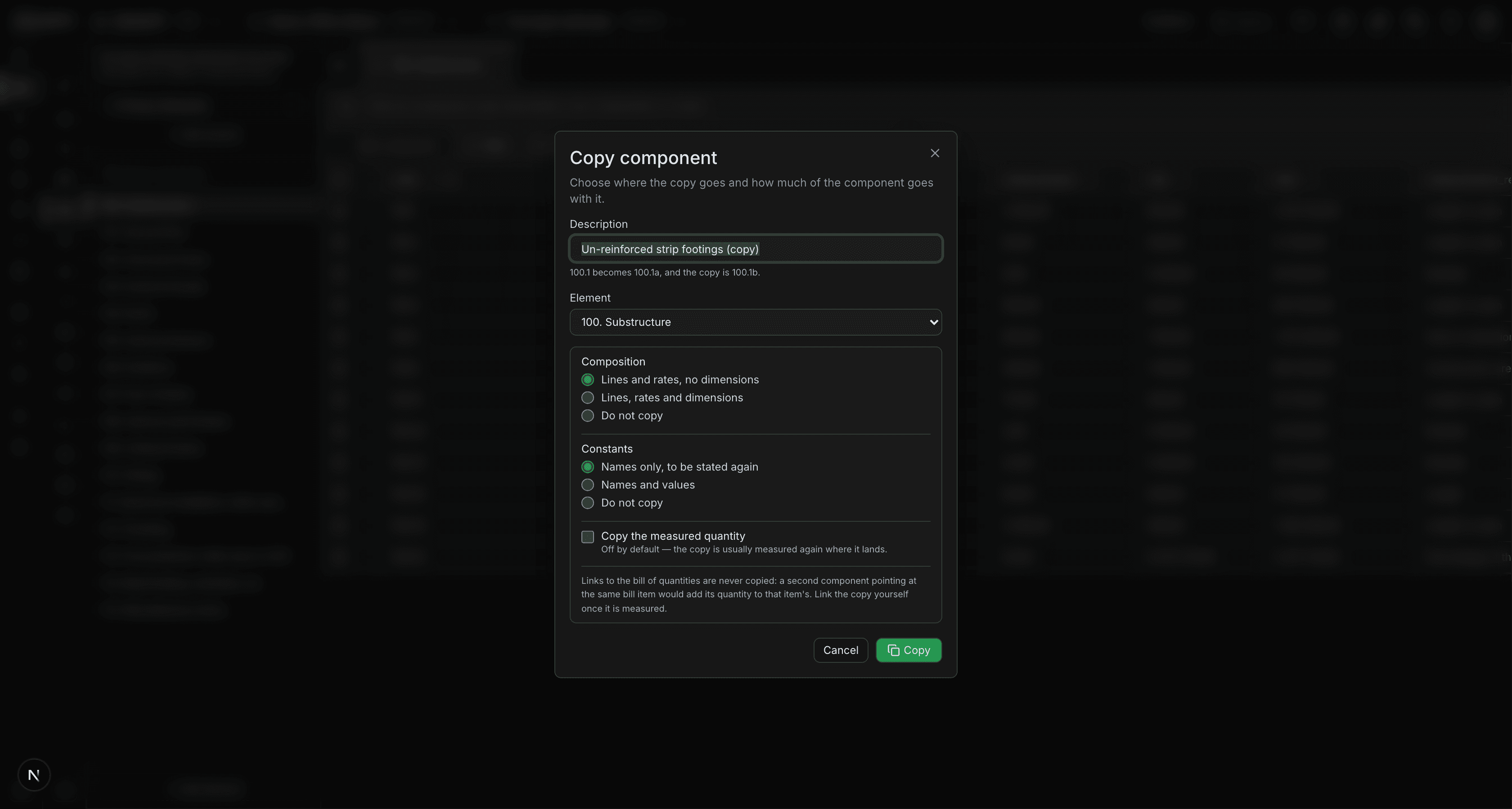 The Copy component dialog showing composition, constant and quantity choices, and the note that 100.1 becomes 100.1a and the copy 100.1b