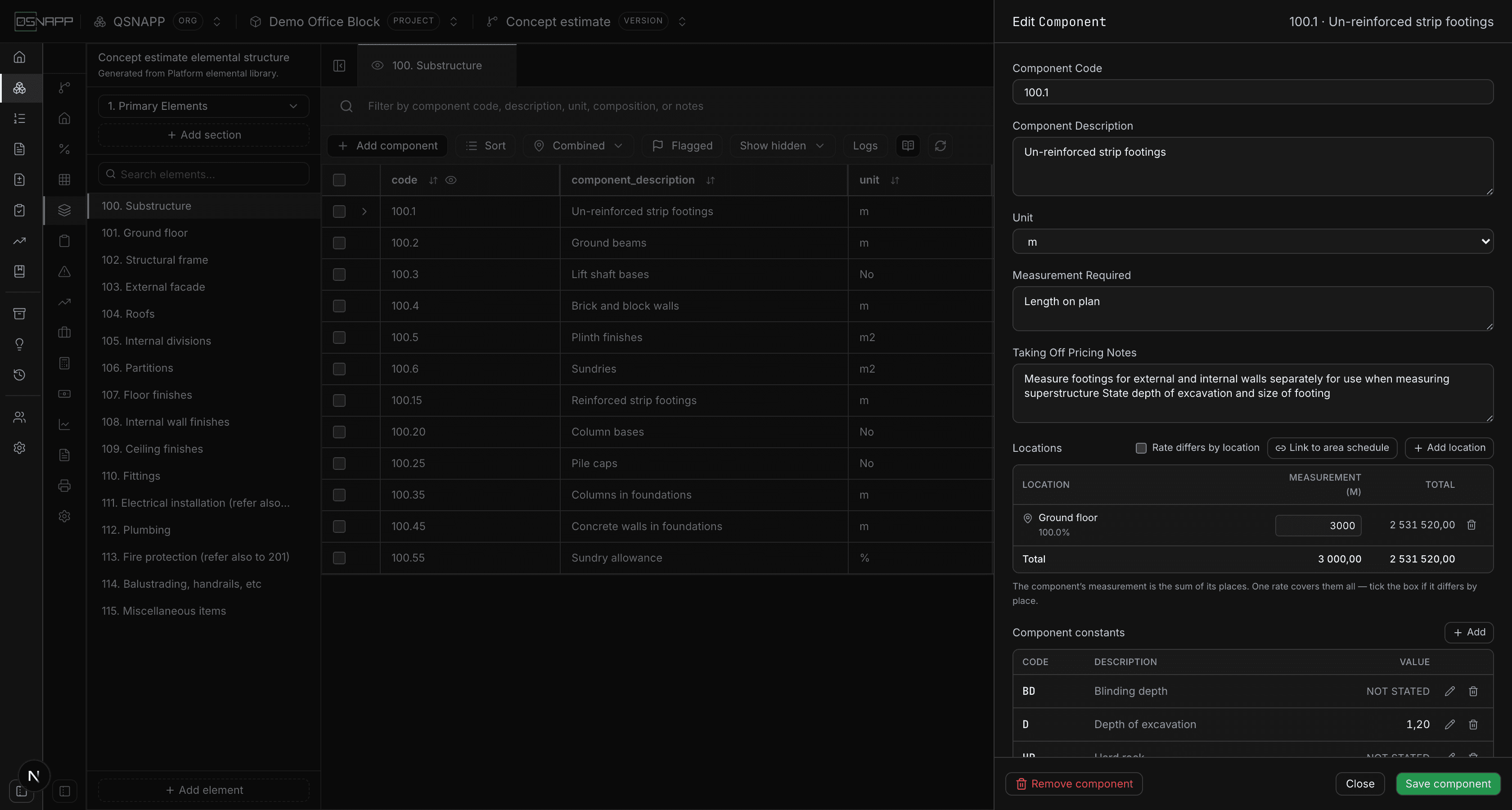 The Edit Component drawer showing constants and the composition build-up