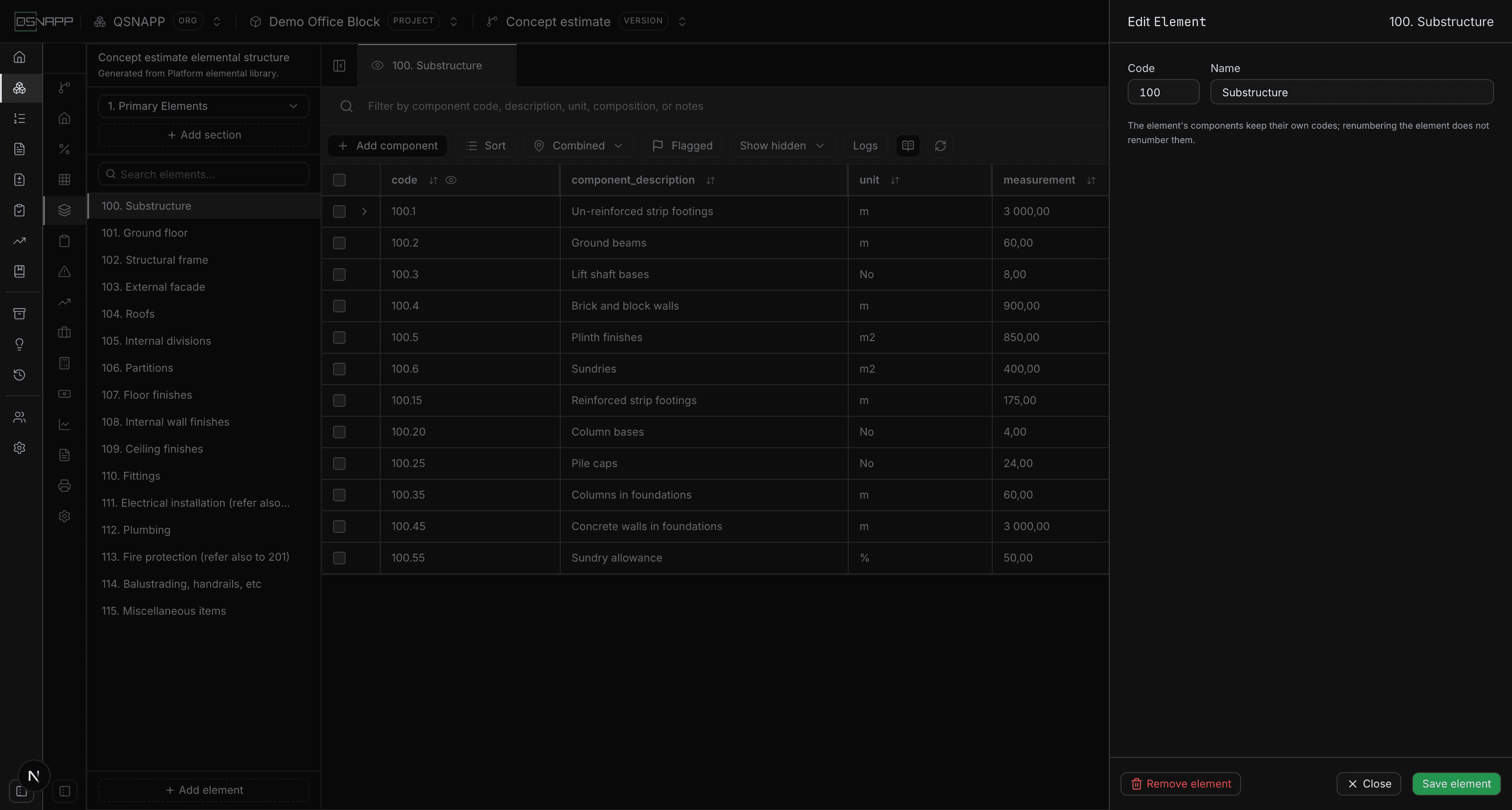 The Edit Element drawer showing the code and name of 100. Substructure