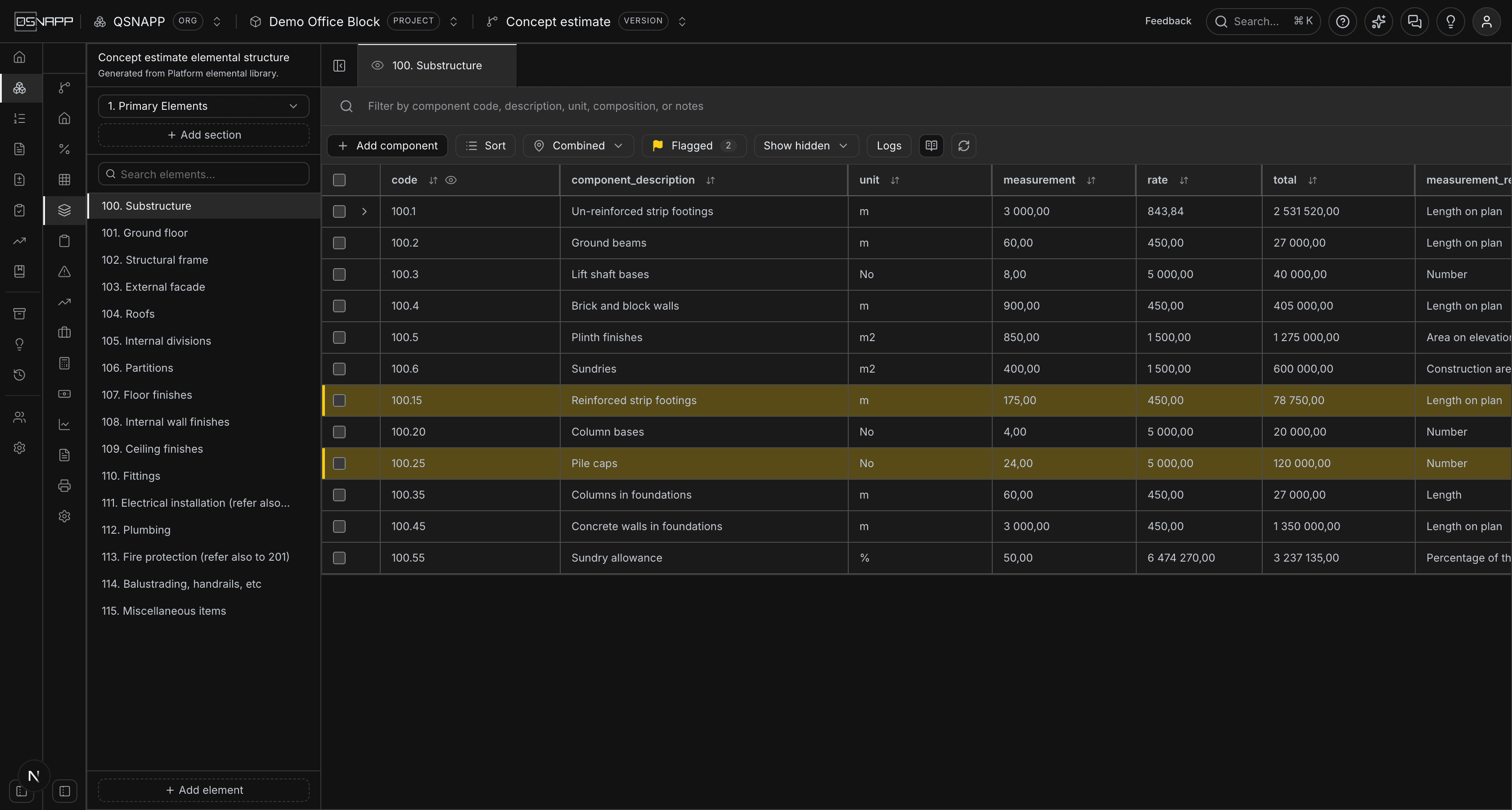 Two rows flagged yellow in the grid, and the Flagged button in the toolbar showing a count of 2