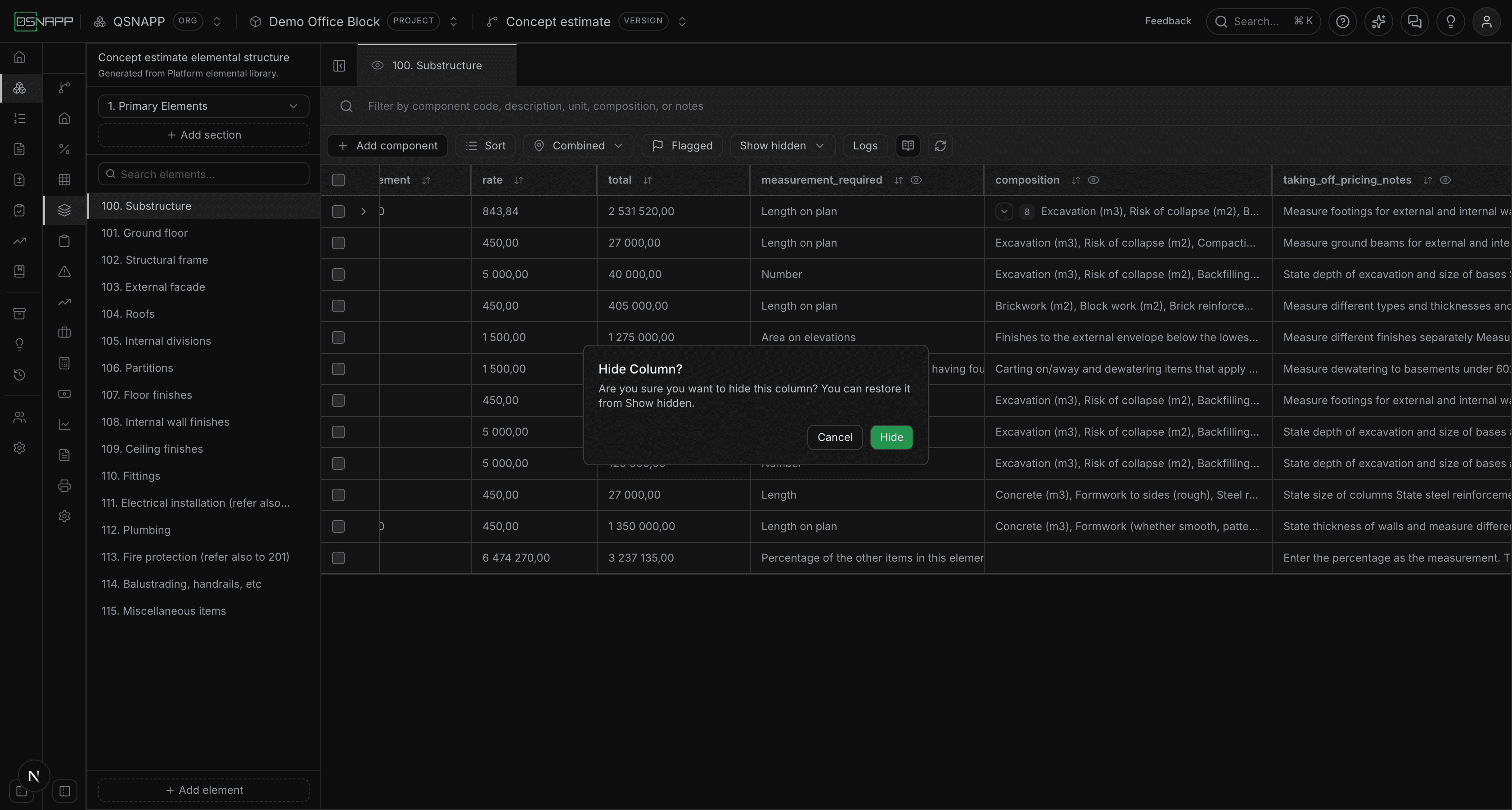 A dialog asking to confirm hiding a column