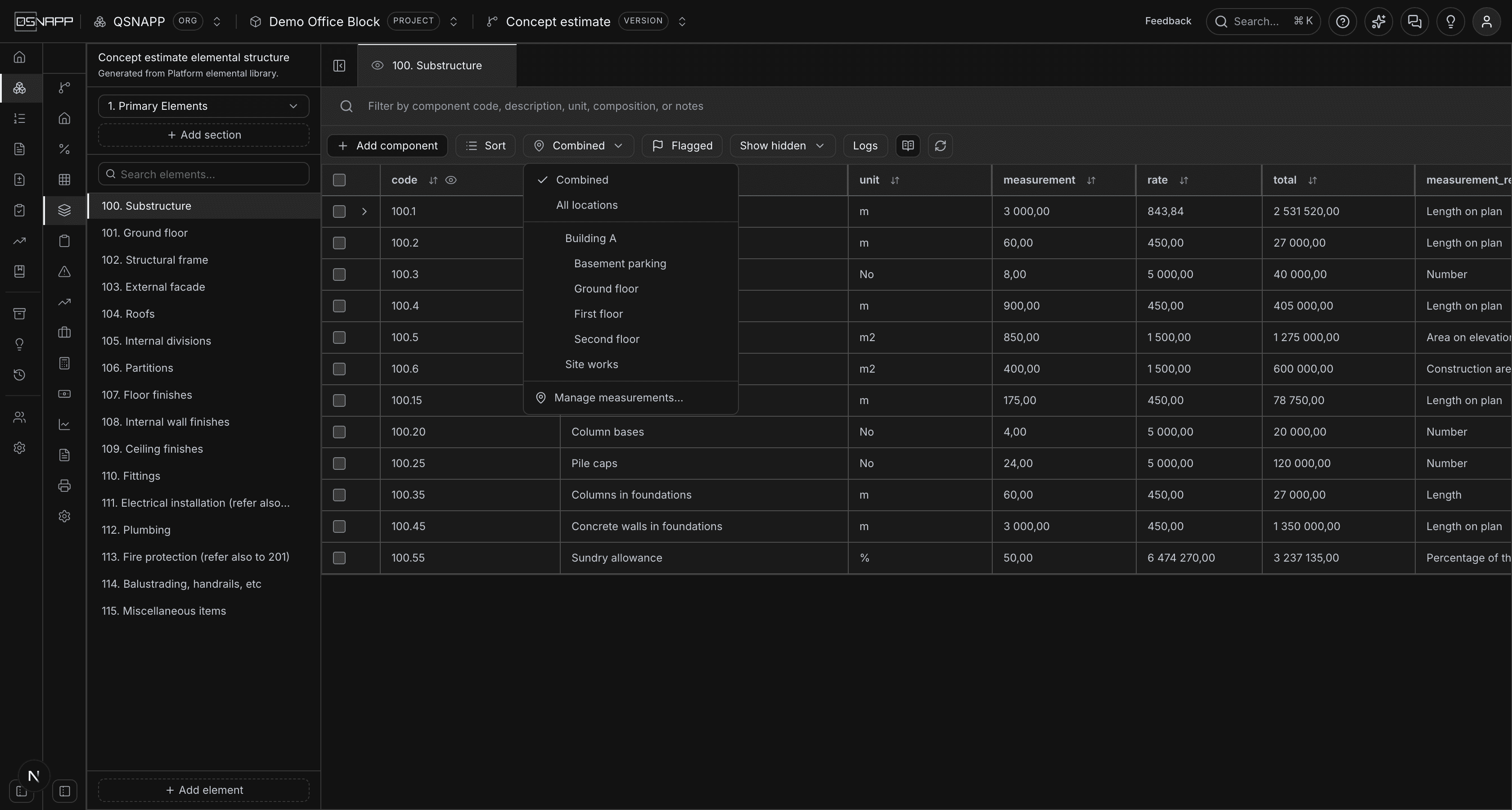 The location menu open over the grid, listing Combined, All locations, Building A's four floors and Manage measurements