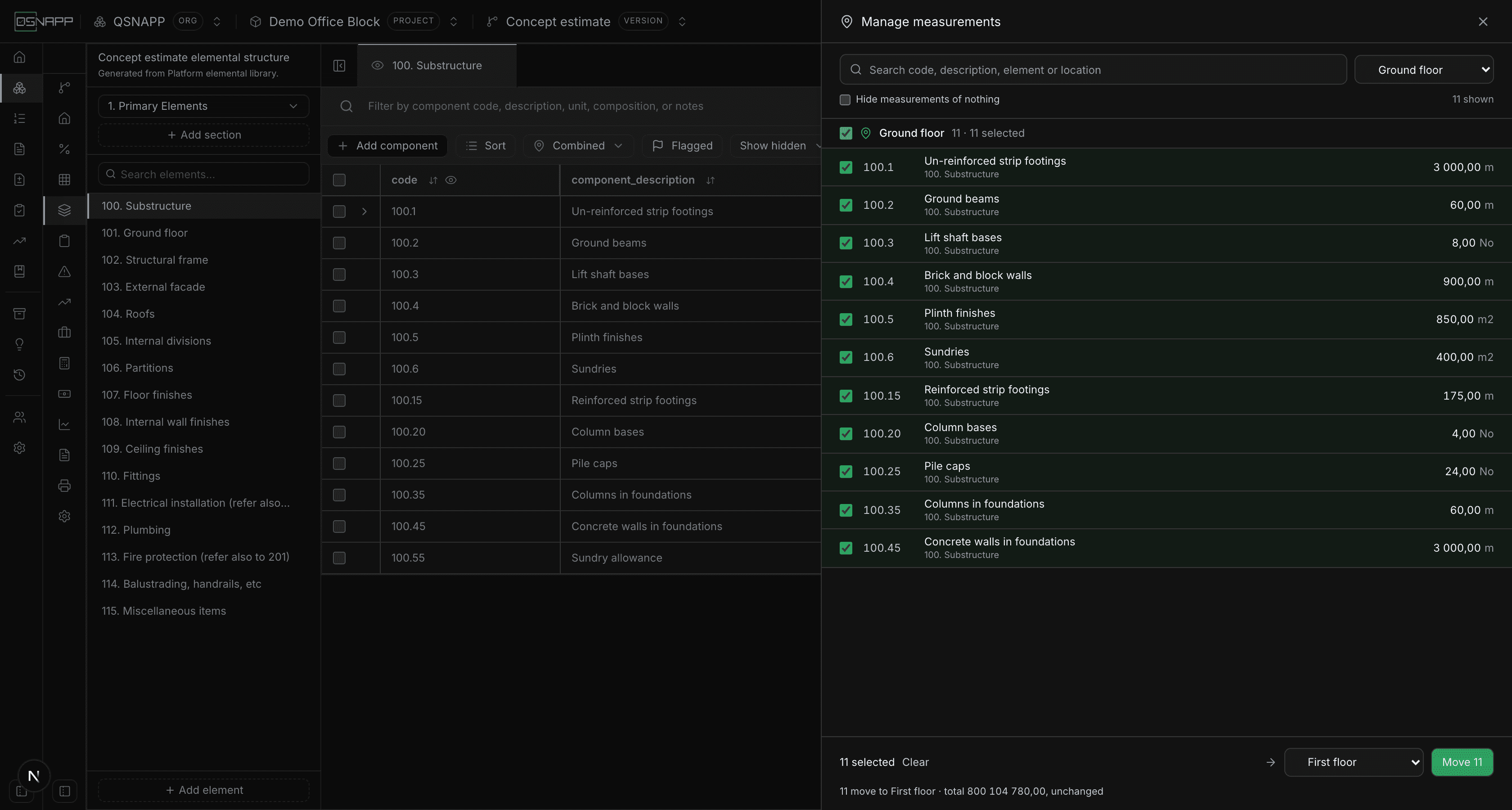 The Manage measurements drawer filtered to Ground floor, with all eleven substructure measurements ticked and First floor chosen as the destination