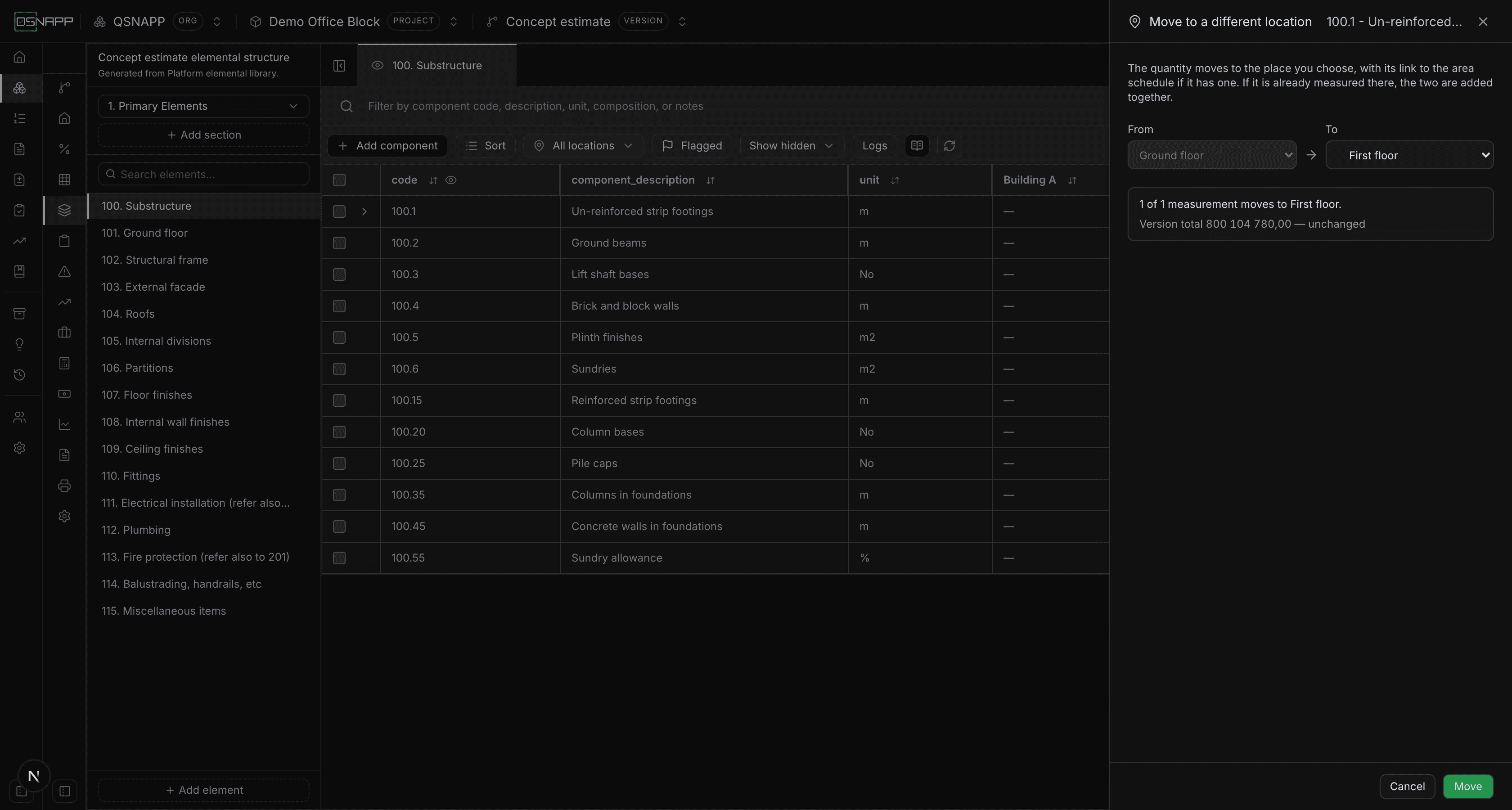 The Move to a different location drawer for 100.1, from Ground floor to First floor, with a preview saying the version total is unchanged