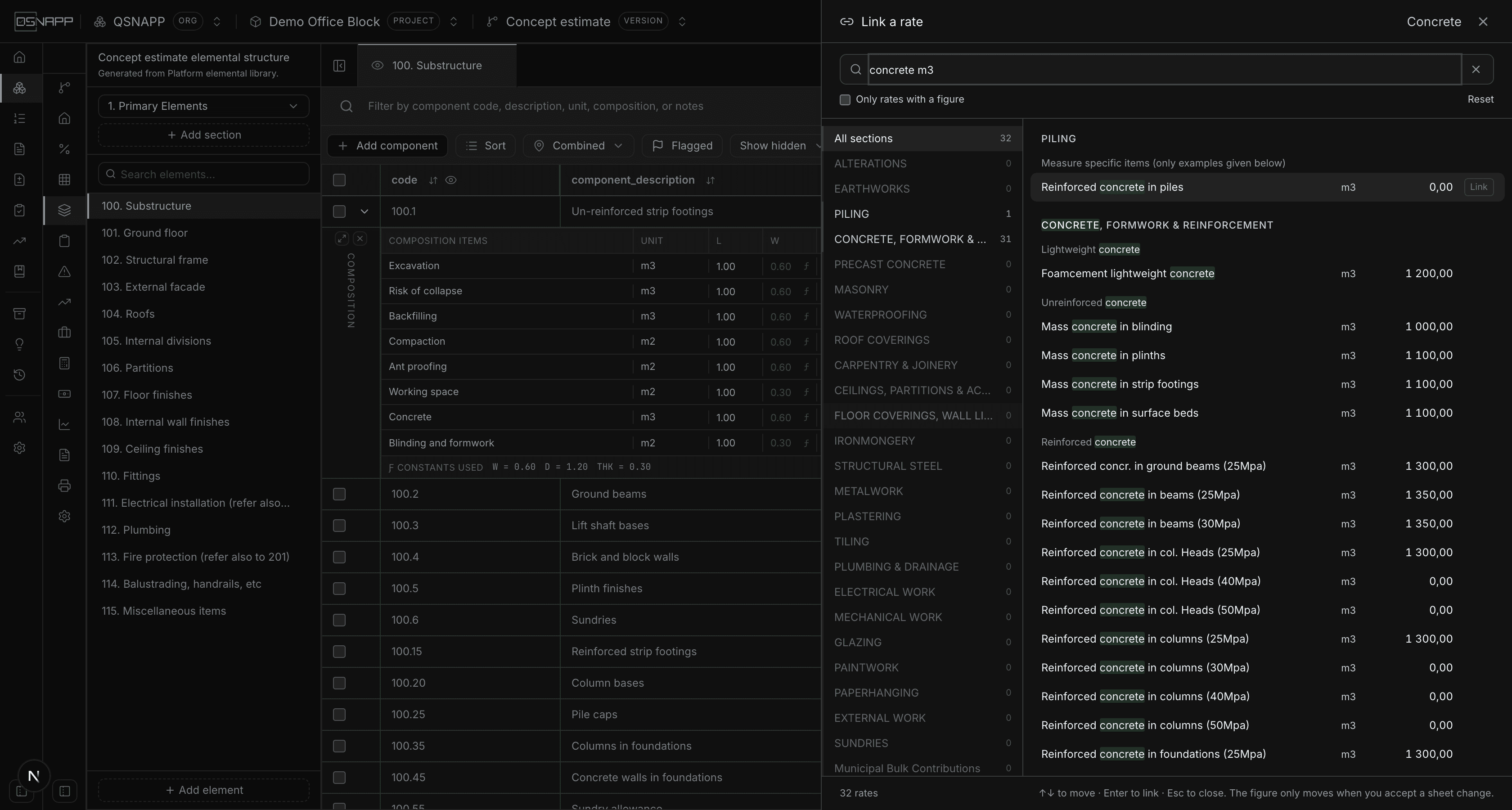 The Link a rate lookup, filtered to 32 concrete rates measured in cubic metres