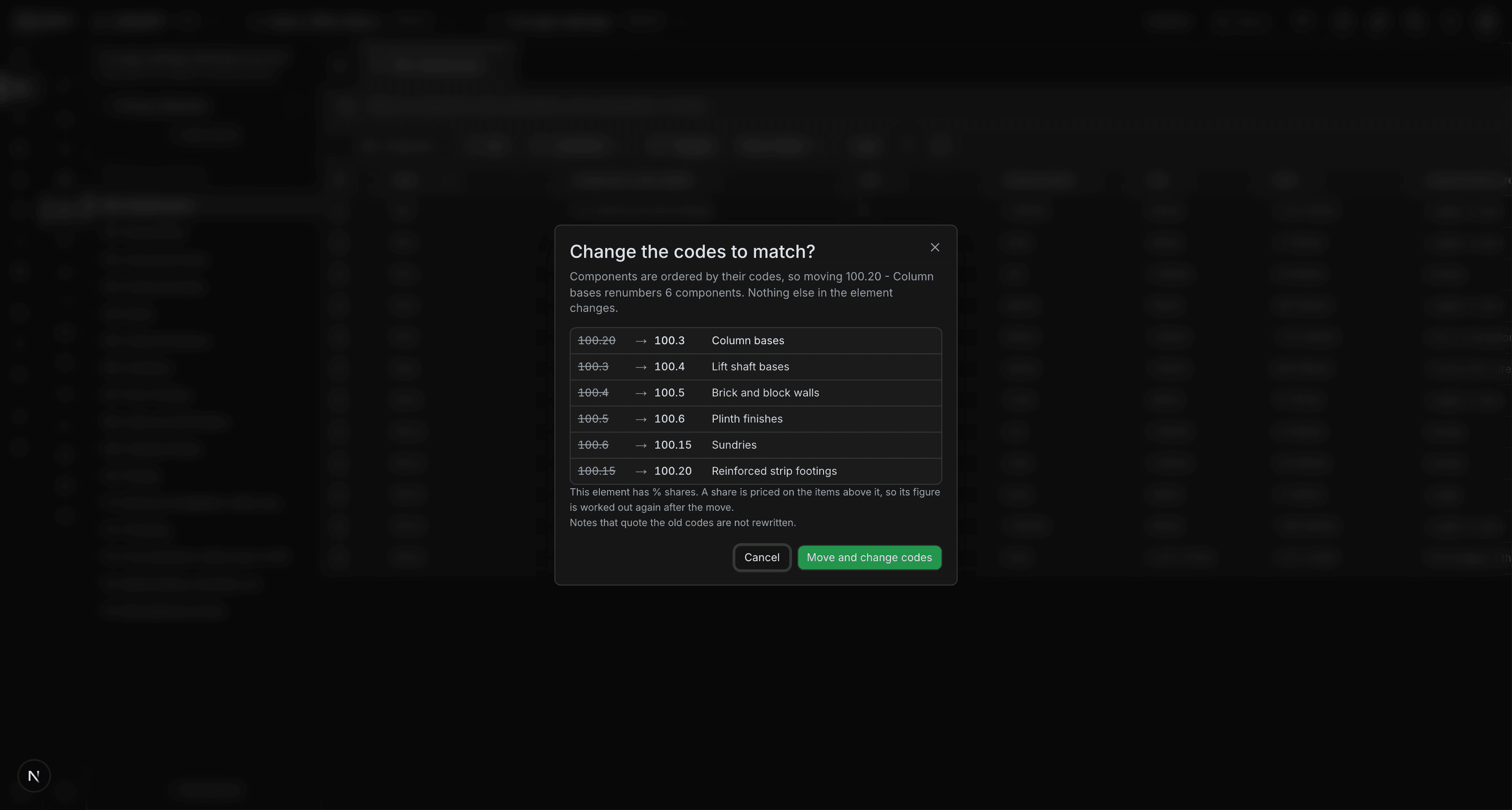 The Change the codes to match? confirmation, listing each component's old code and the new code it will take