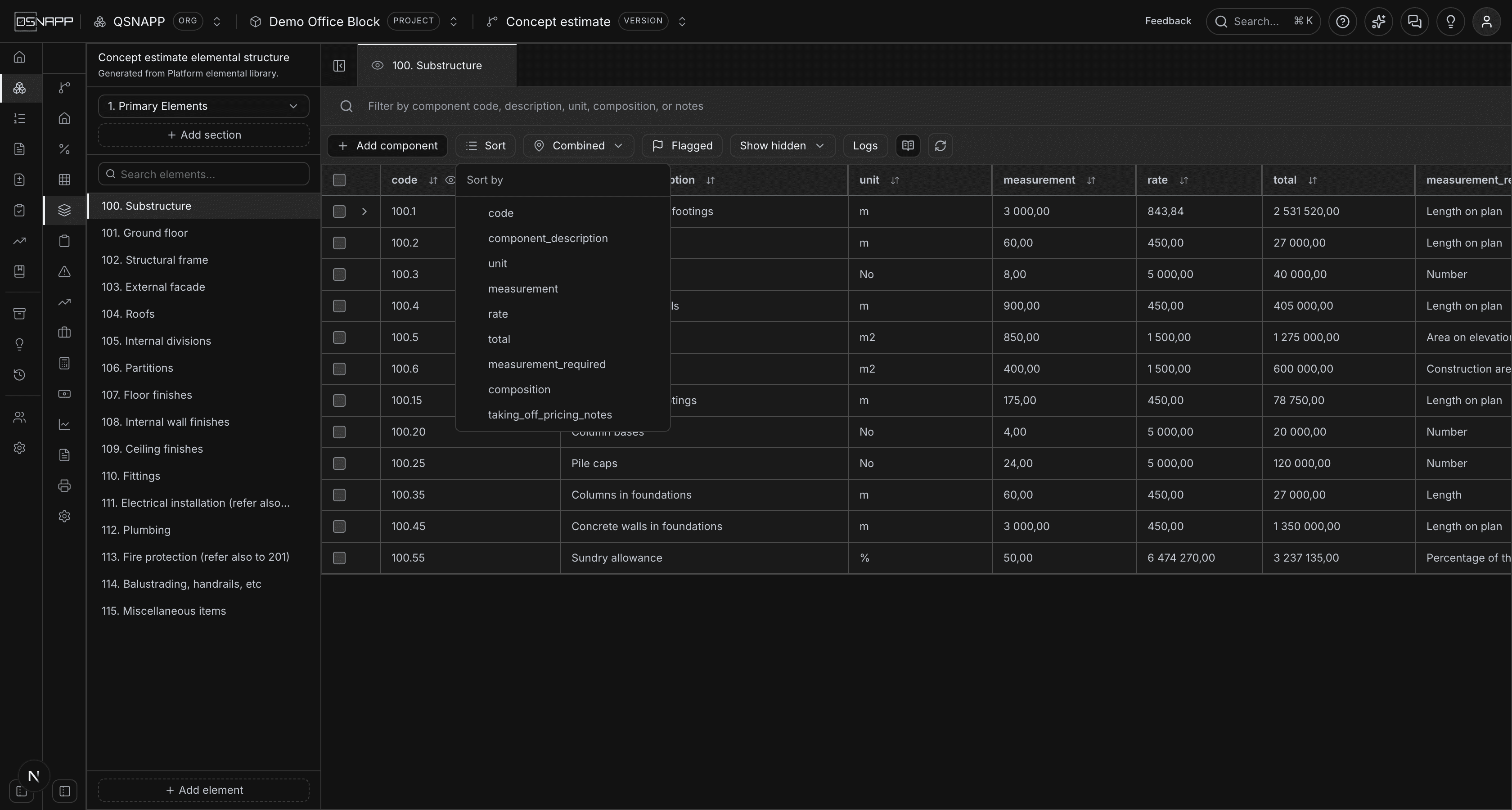 The sort menu open over the grid