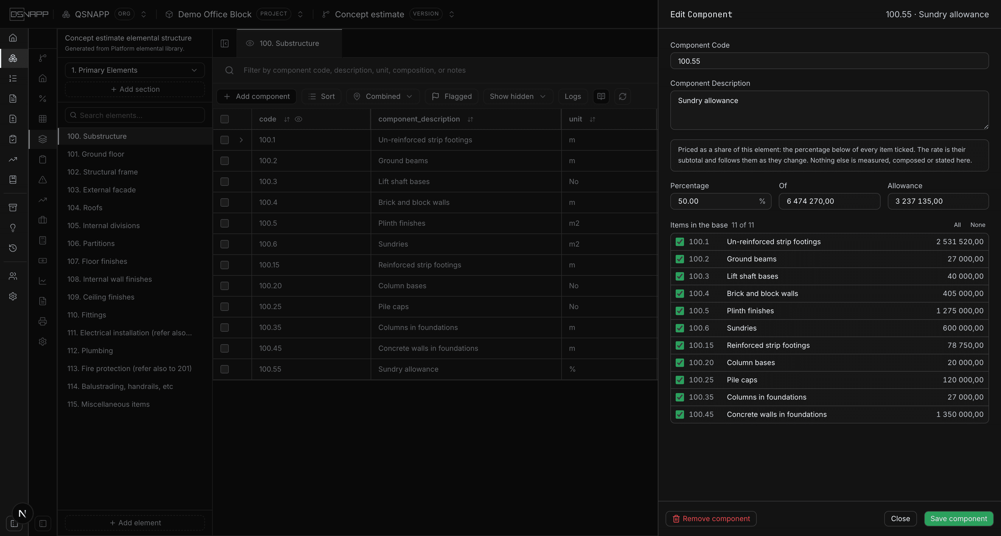 The Edit Component drawer for 100.55 Sundry allowance: a percentage, the amount it is a share of, the allowance, and the element's items each ticked