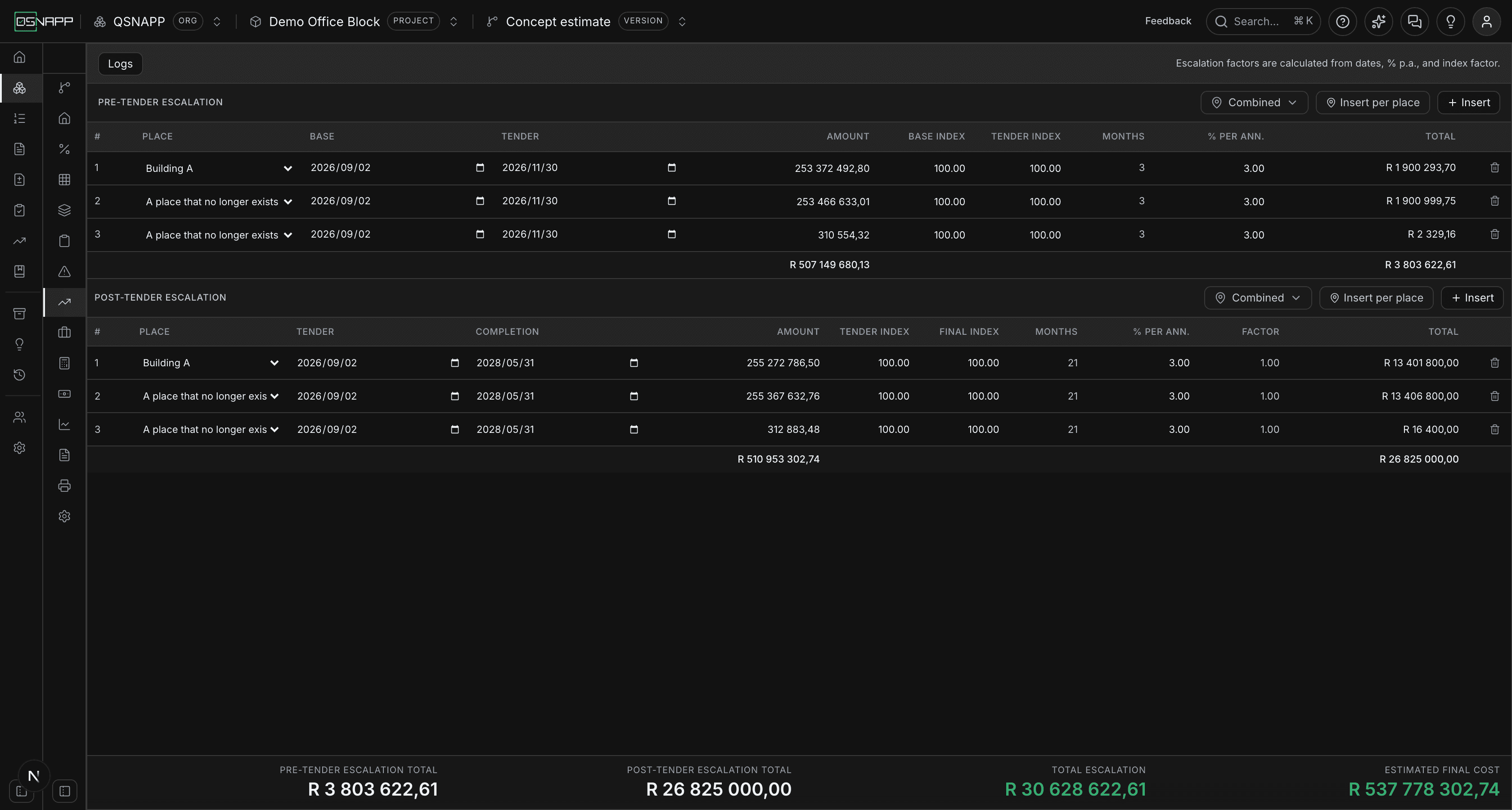 The Escalation tab showing the pre-tender table above the post-tender table, with four summary figures across the foot