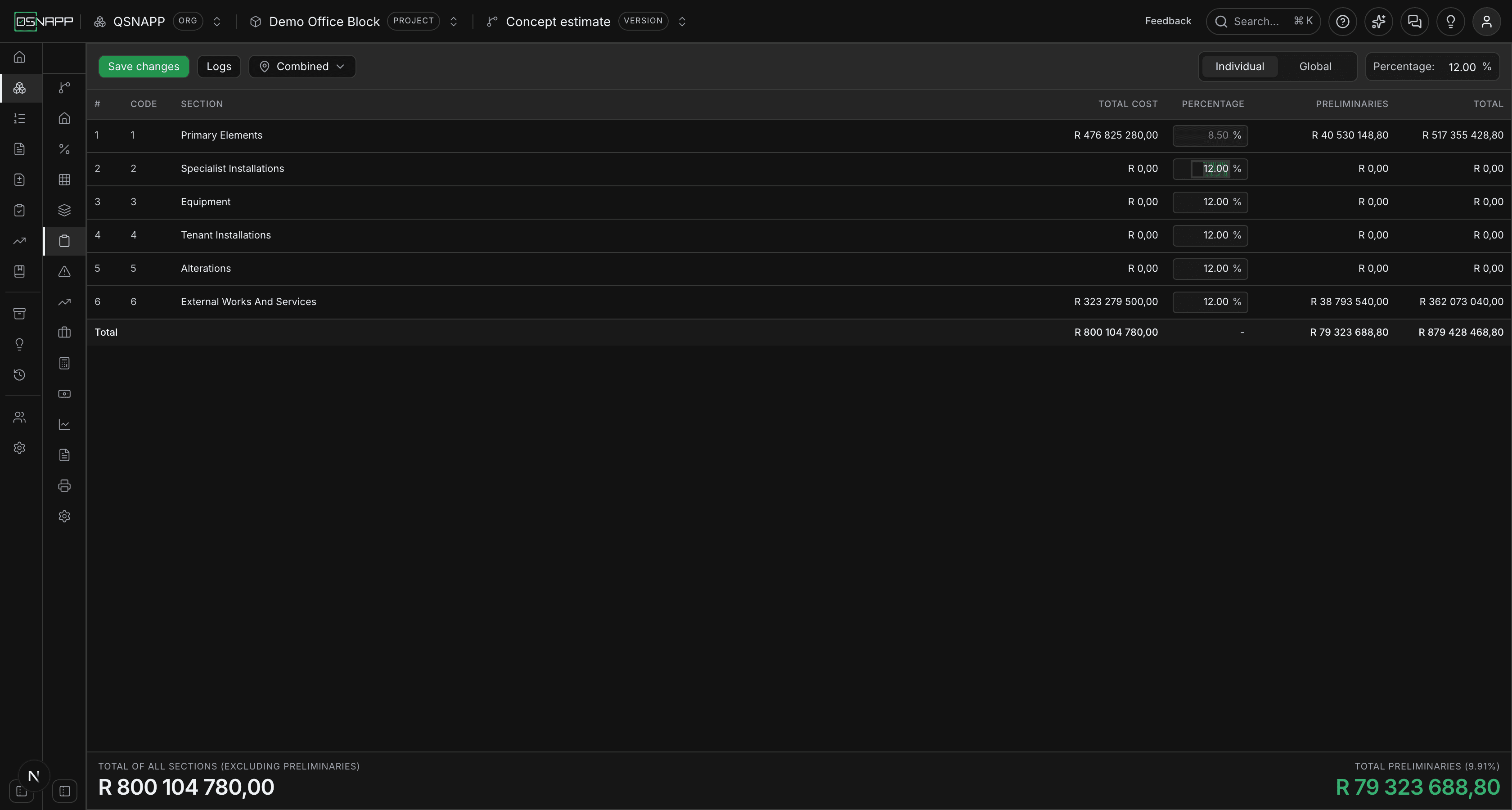 A section's percentage box changed from 12.00 to 8.50, tinted red, with a Save changes button in the toolbar
