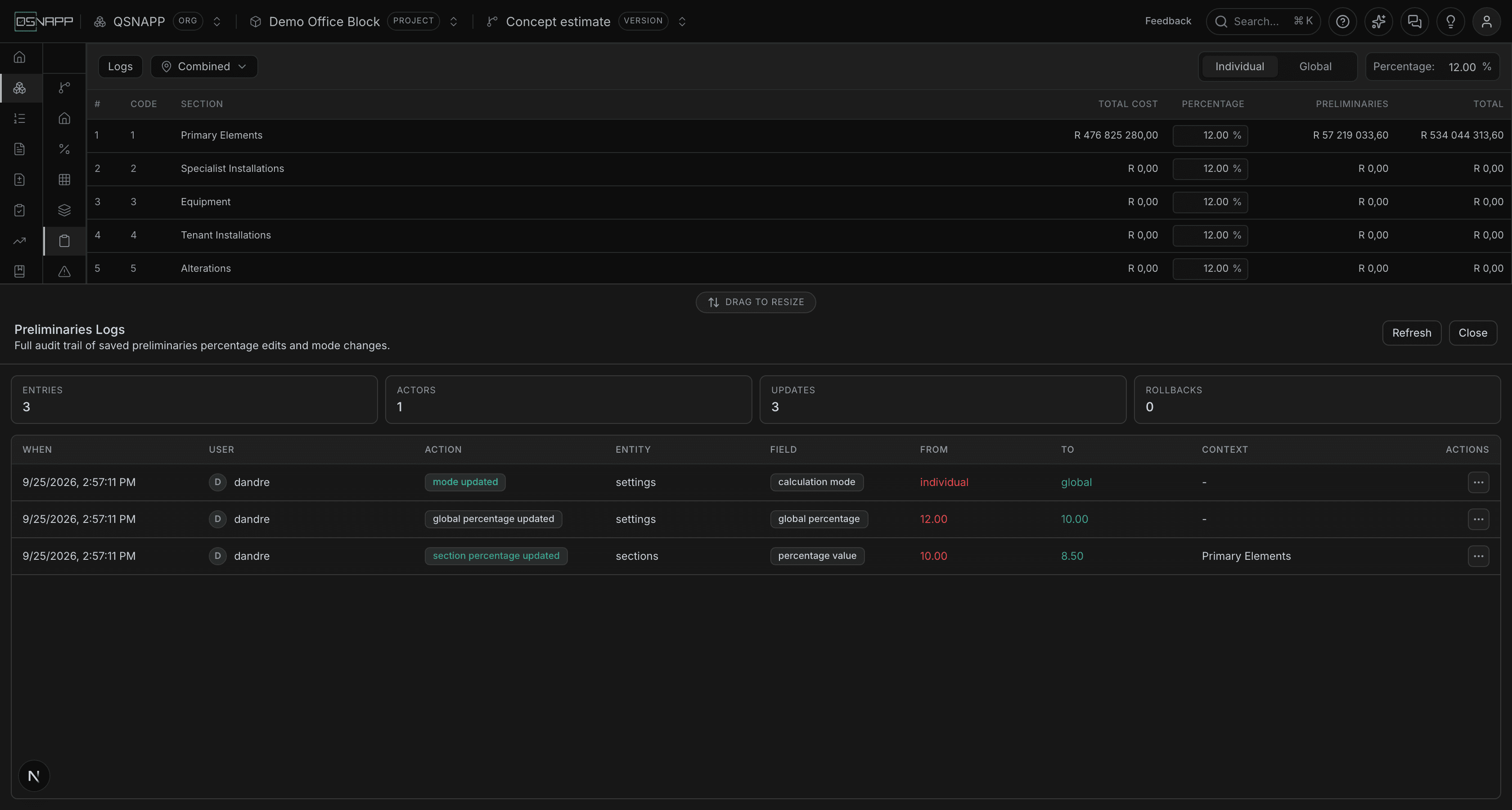 The logs drawer open across the bottom of the screen, listing saved percentage changes with who made them, from what, to what, and a row menu