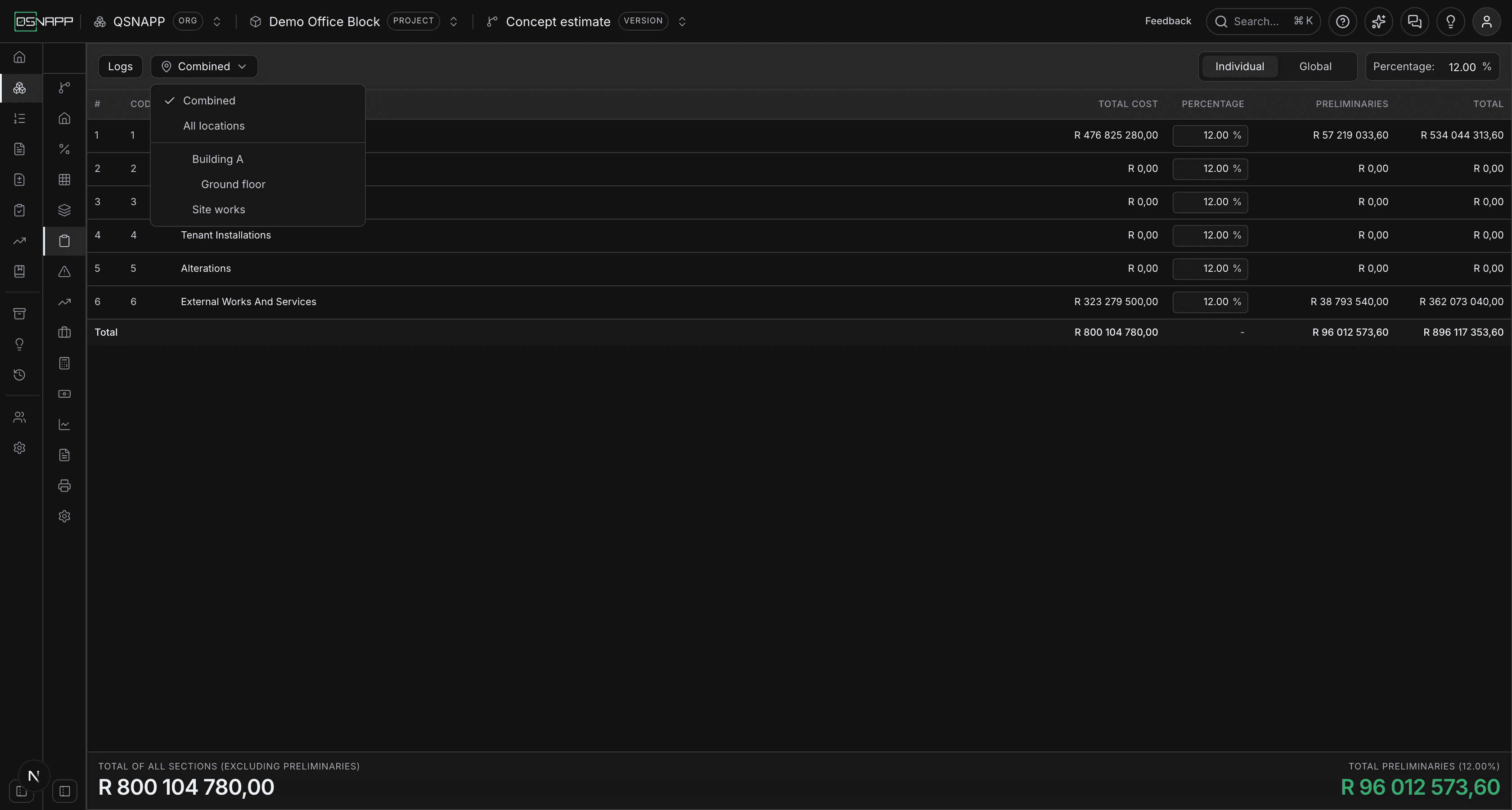 The places menu open in the toolbar, offering Combined, All locations and the individual places components are measured in