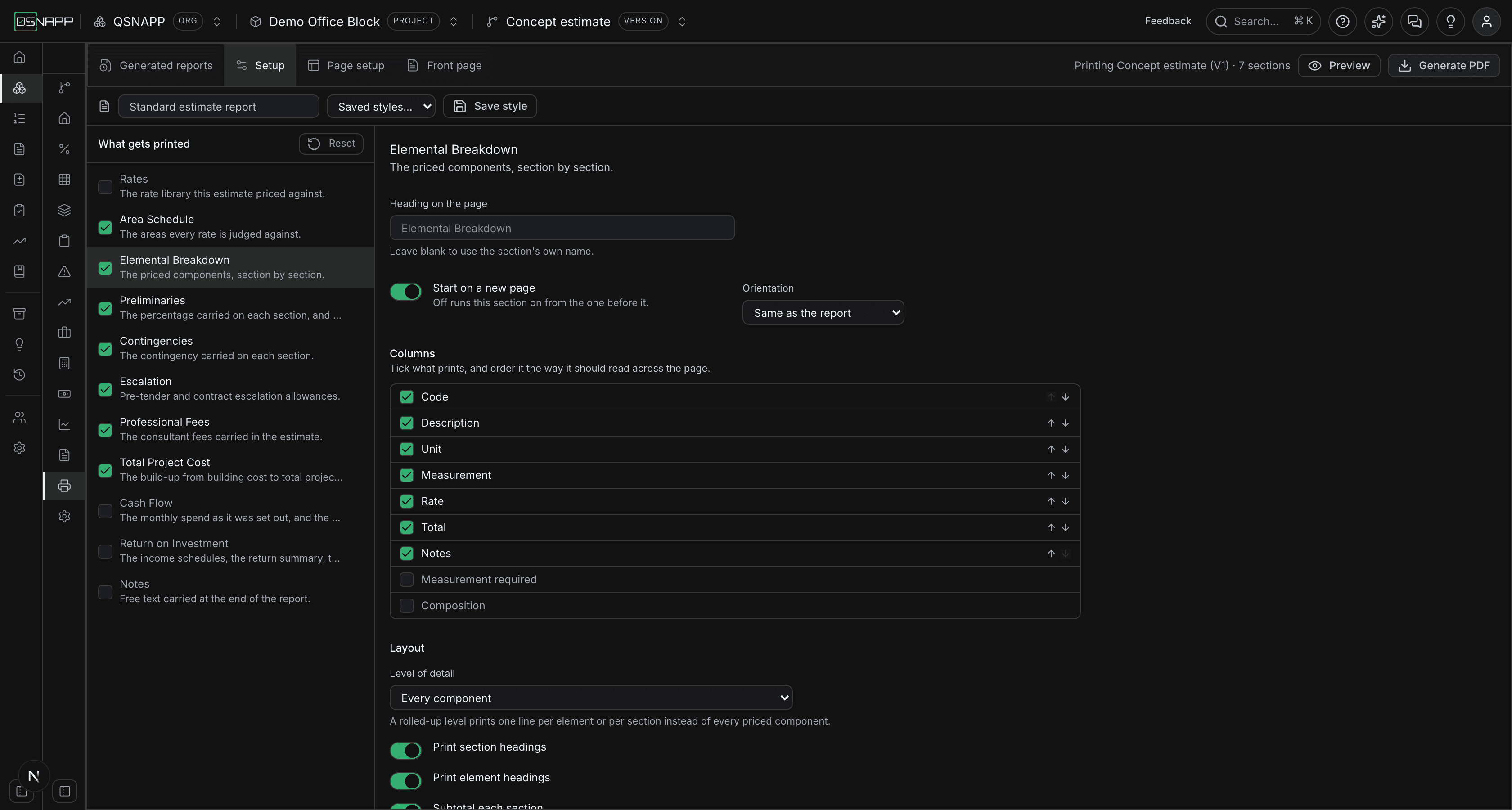 The Elemental Breakdown section's Columns list: Code, Description, Unit, Measurement, Rate, Total and Notes ticked, each with up and down arrows, then Measurement required and Composition unticked
