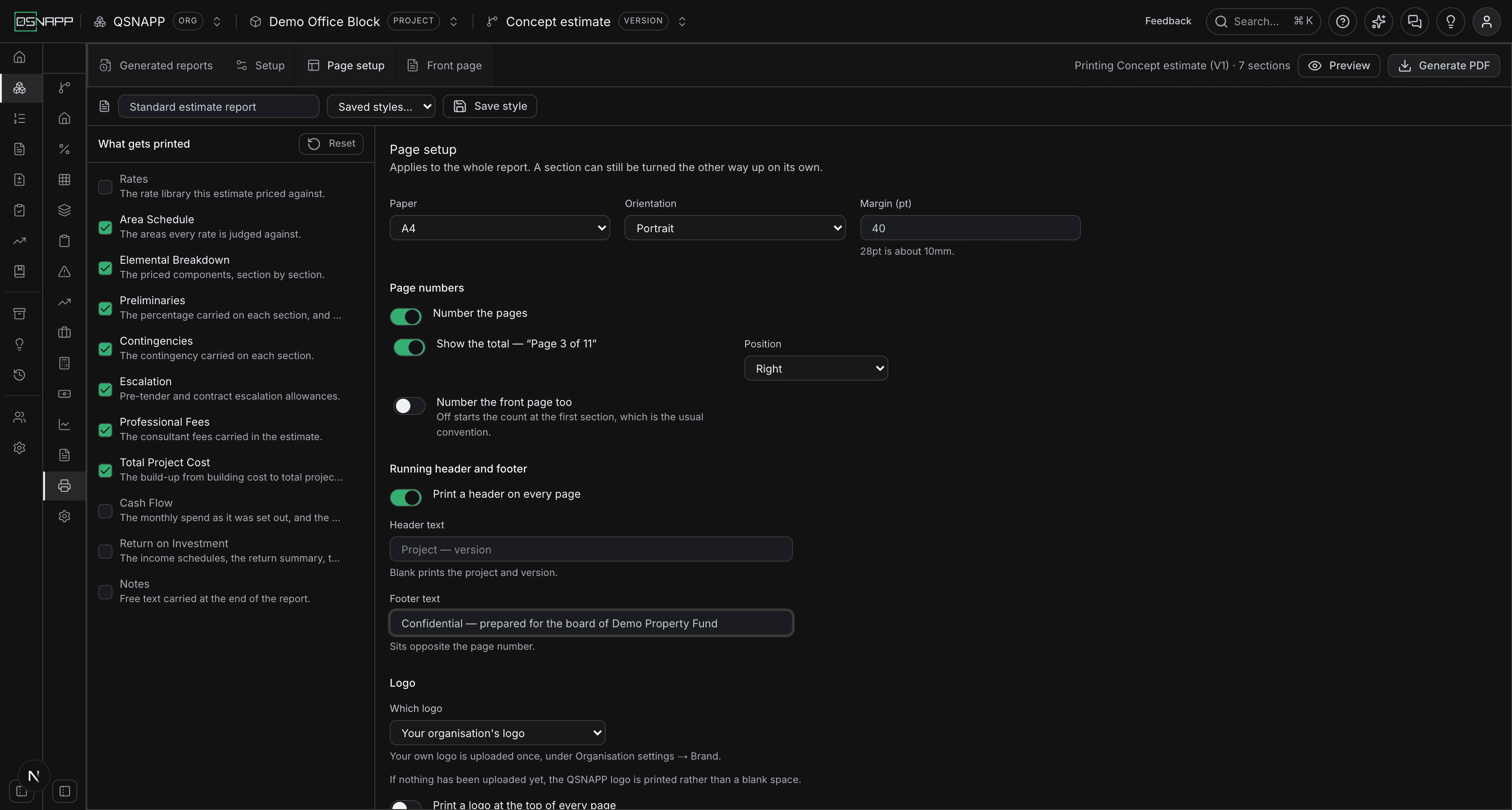 The Running header and footer group on Page setup: Print a header on every page on, the Header text field with its placeholder, and a Footer text field with a confidentiality line typed in