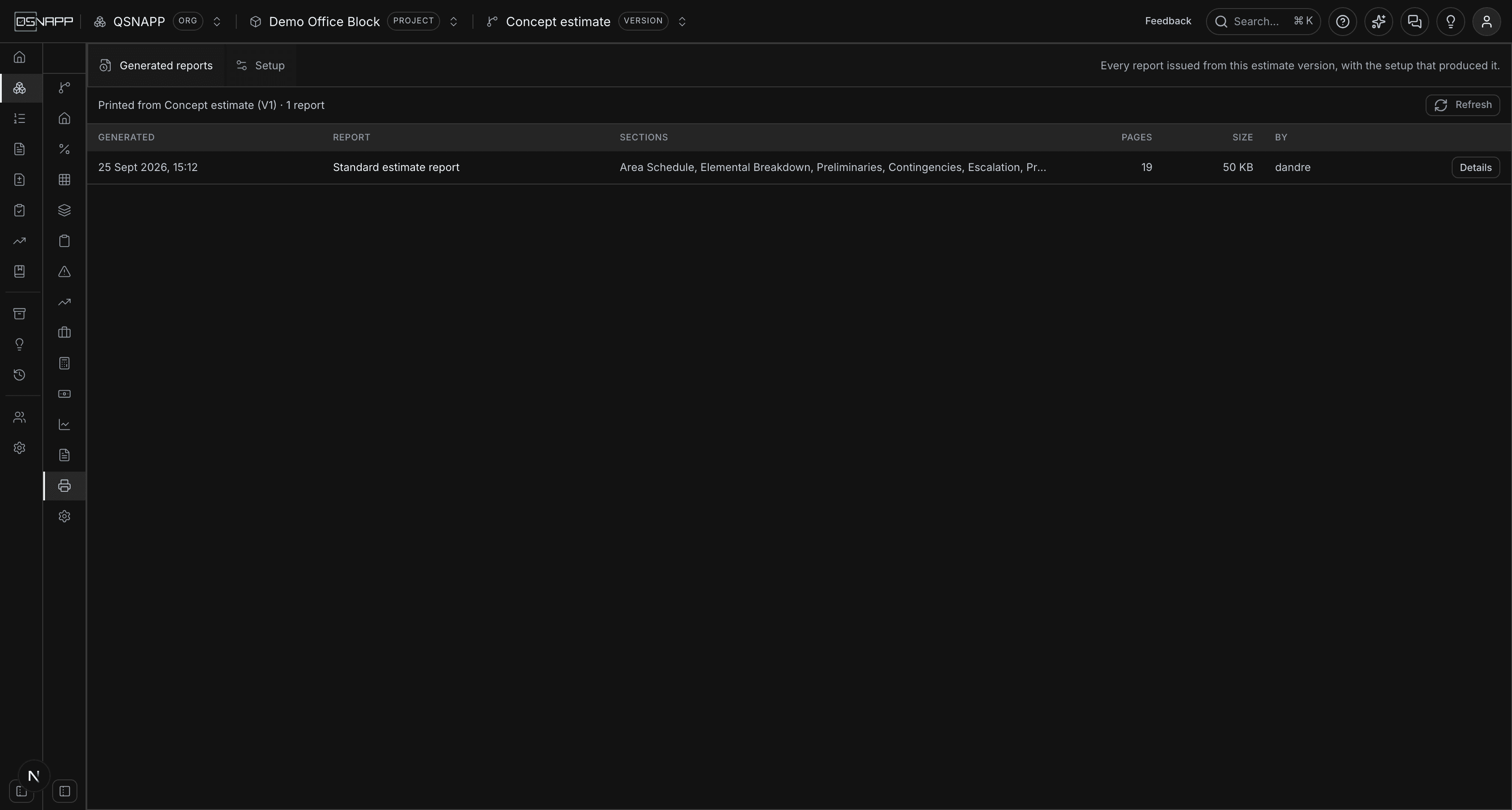 The Generated reports view: a table of reports for the version with when each was generated, its style name, the sections it covered, pages, size and who generated it, each with a Details button