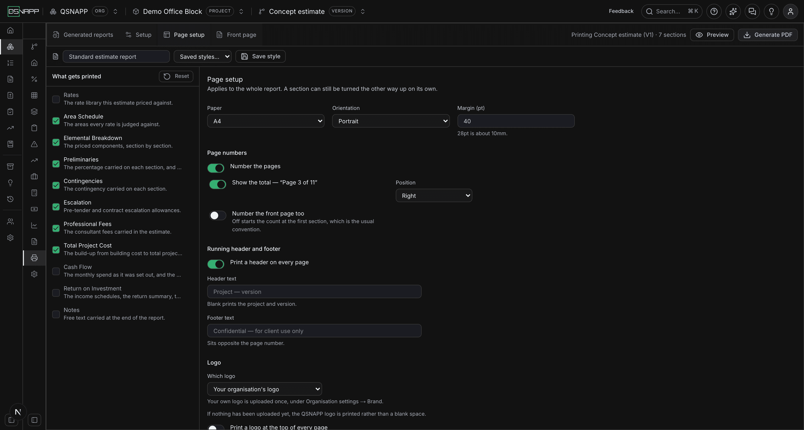 The Page setup tab: paper, orientation and margin; the page number switches; the running header and footer text; the logo choices; and the draft watermark switch