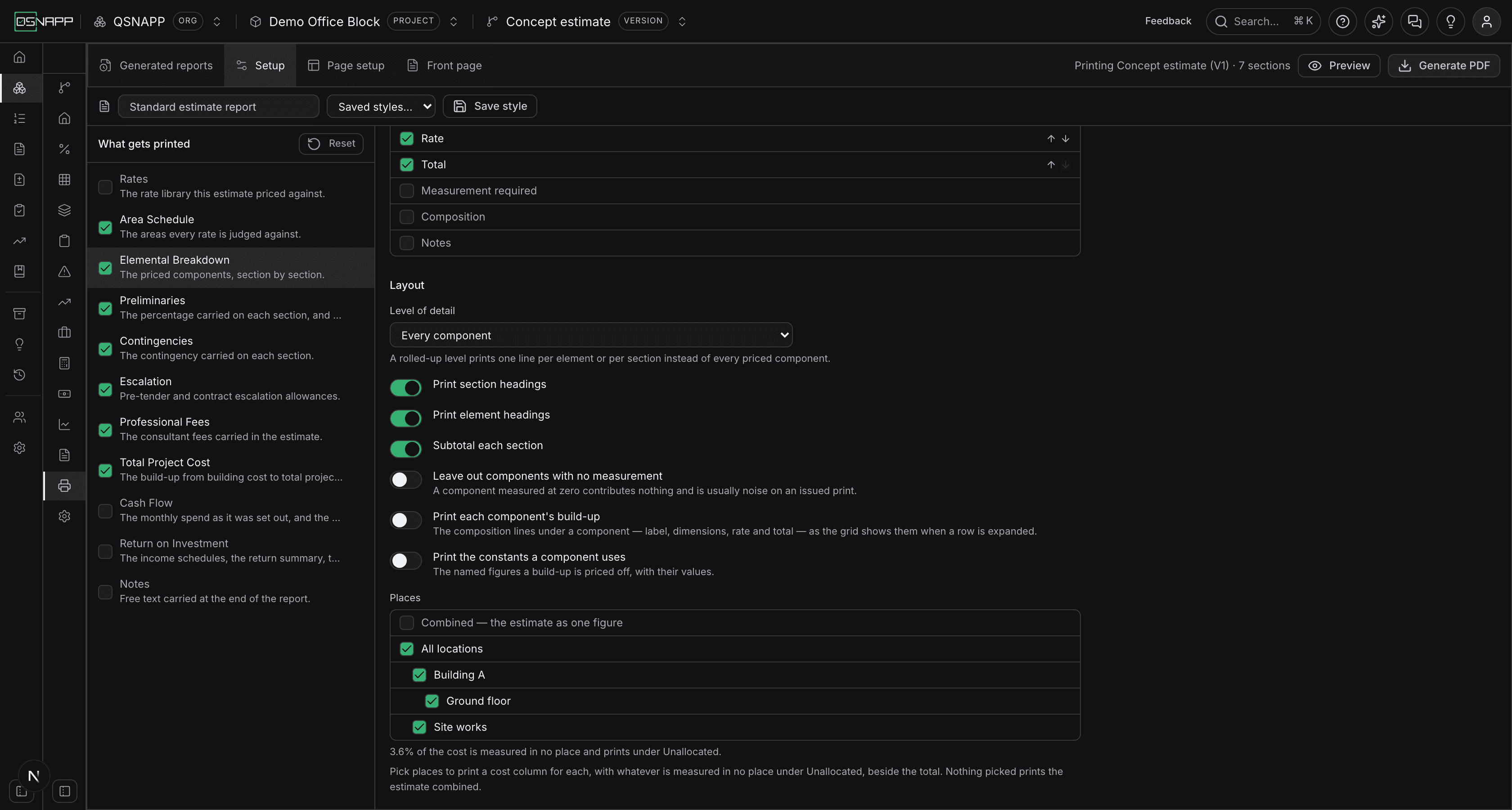 The Places picker under a section's Layout options: Combined, All locations, then Building A and Site works with ticks, and a line saying what share of the cost prints under Unallocated