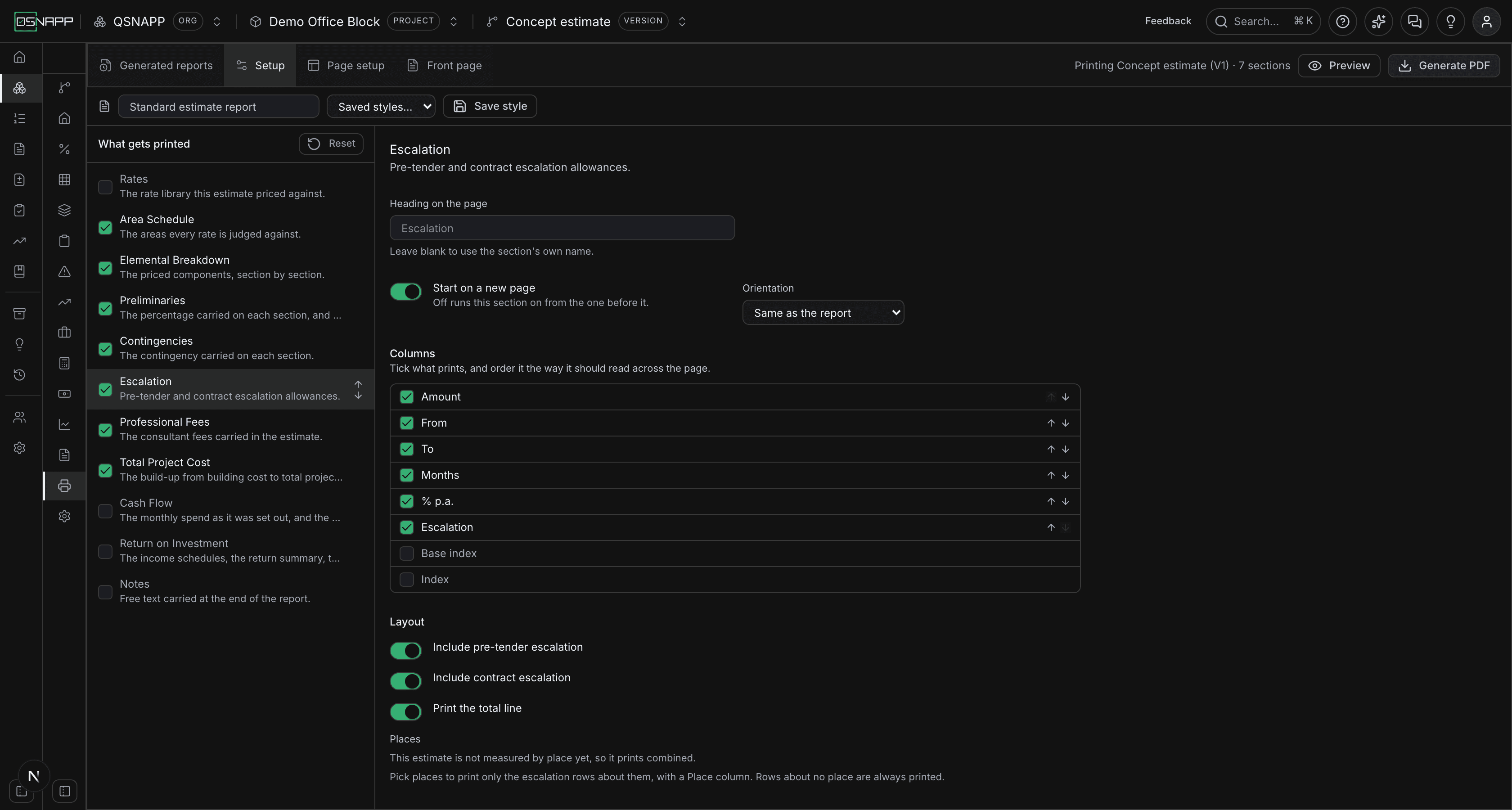 The Escalation section's settings: eight columns with Base index and Index unticked, then Layout with Include pre-tender escalation, Include contract escalation, Print the total line, and the Places picker