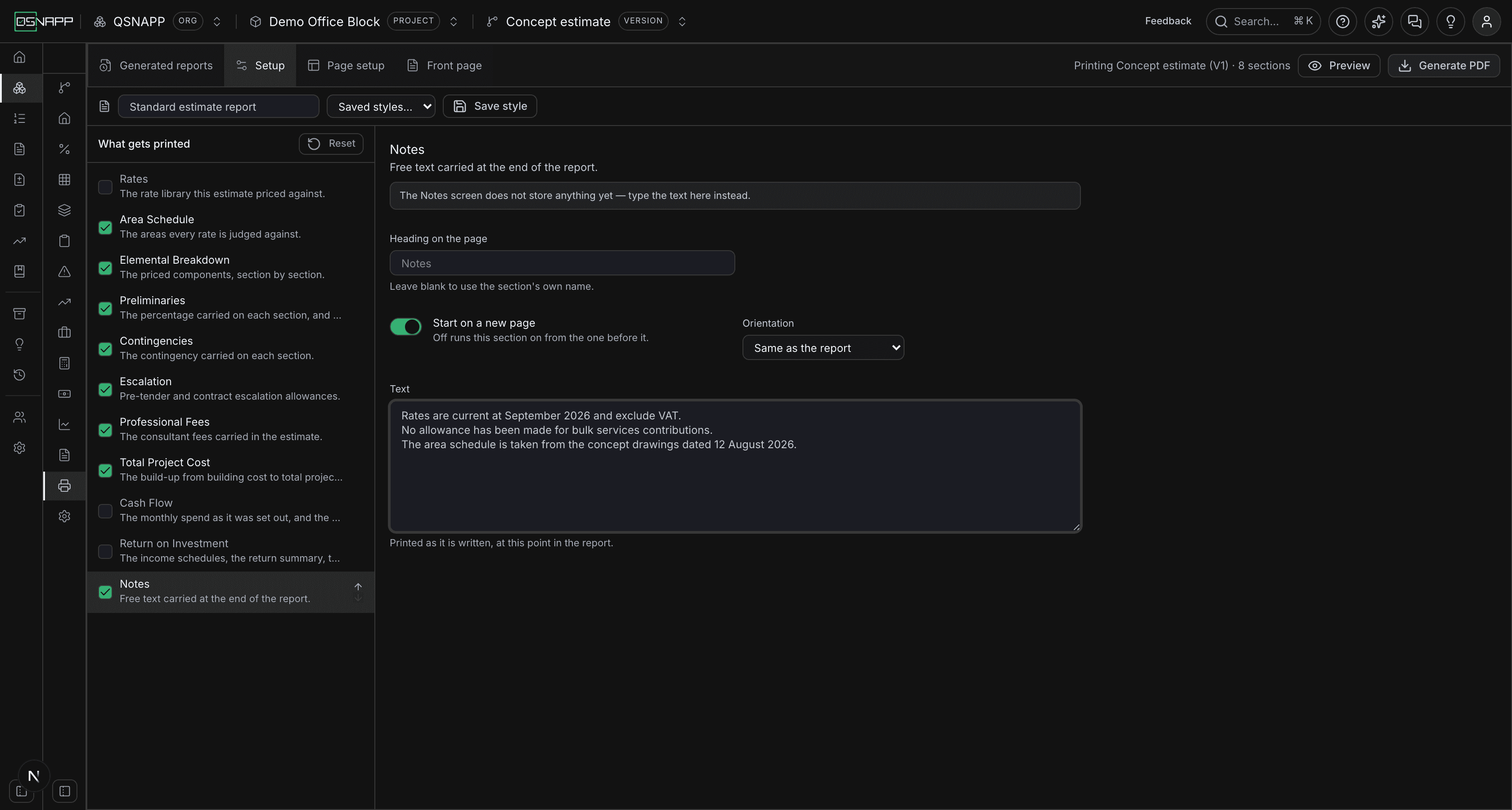 The Notes section's settings: heading, new page and orientation, then a Text box with three lines of assumptions typed in, and no columns or layout options