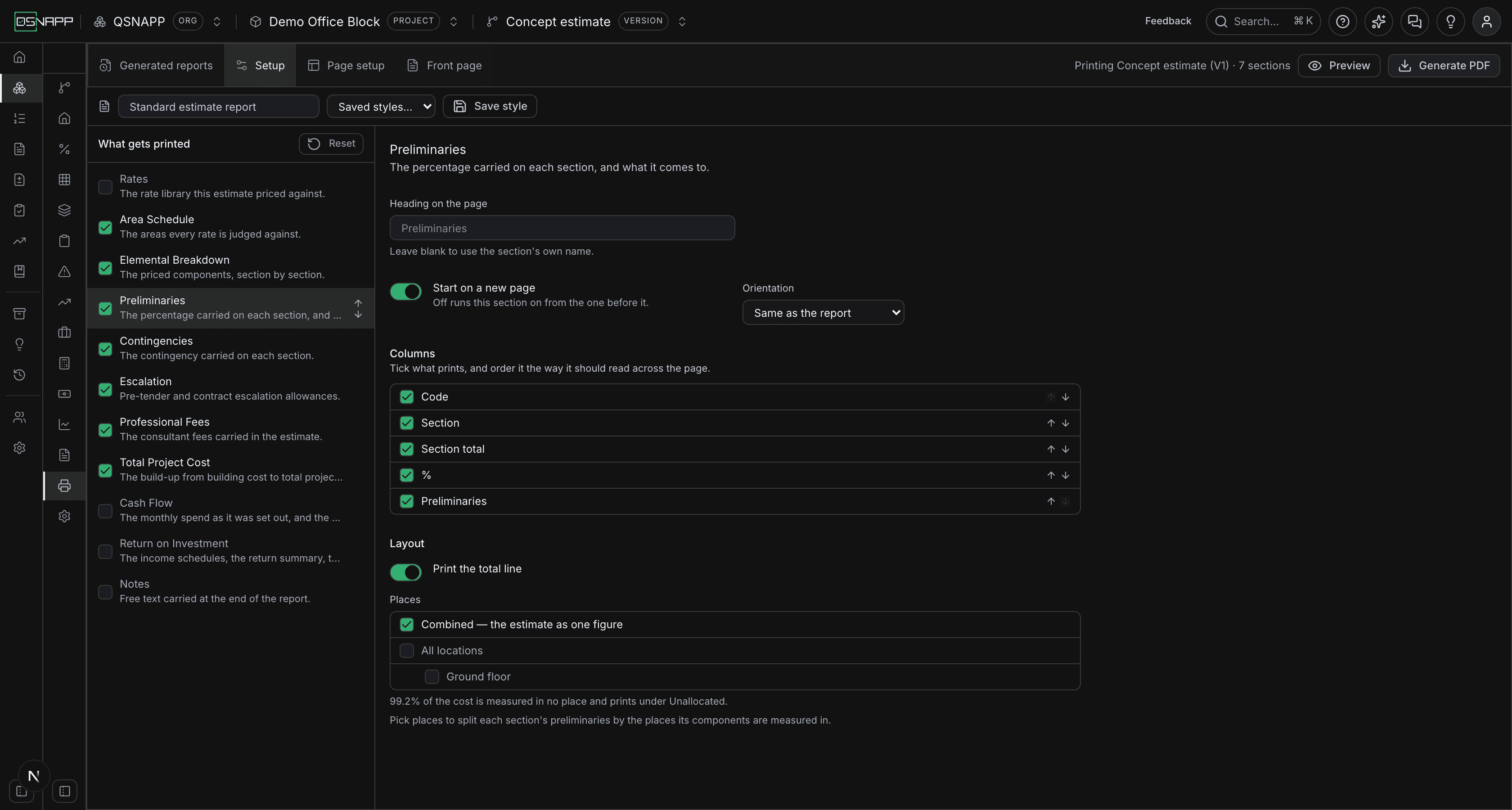 The Preliminaries section's settings: its five columns, then Layout with Print the total line and the Places picker