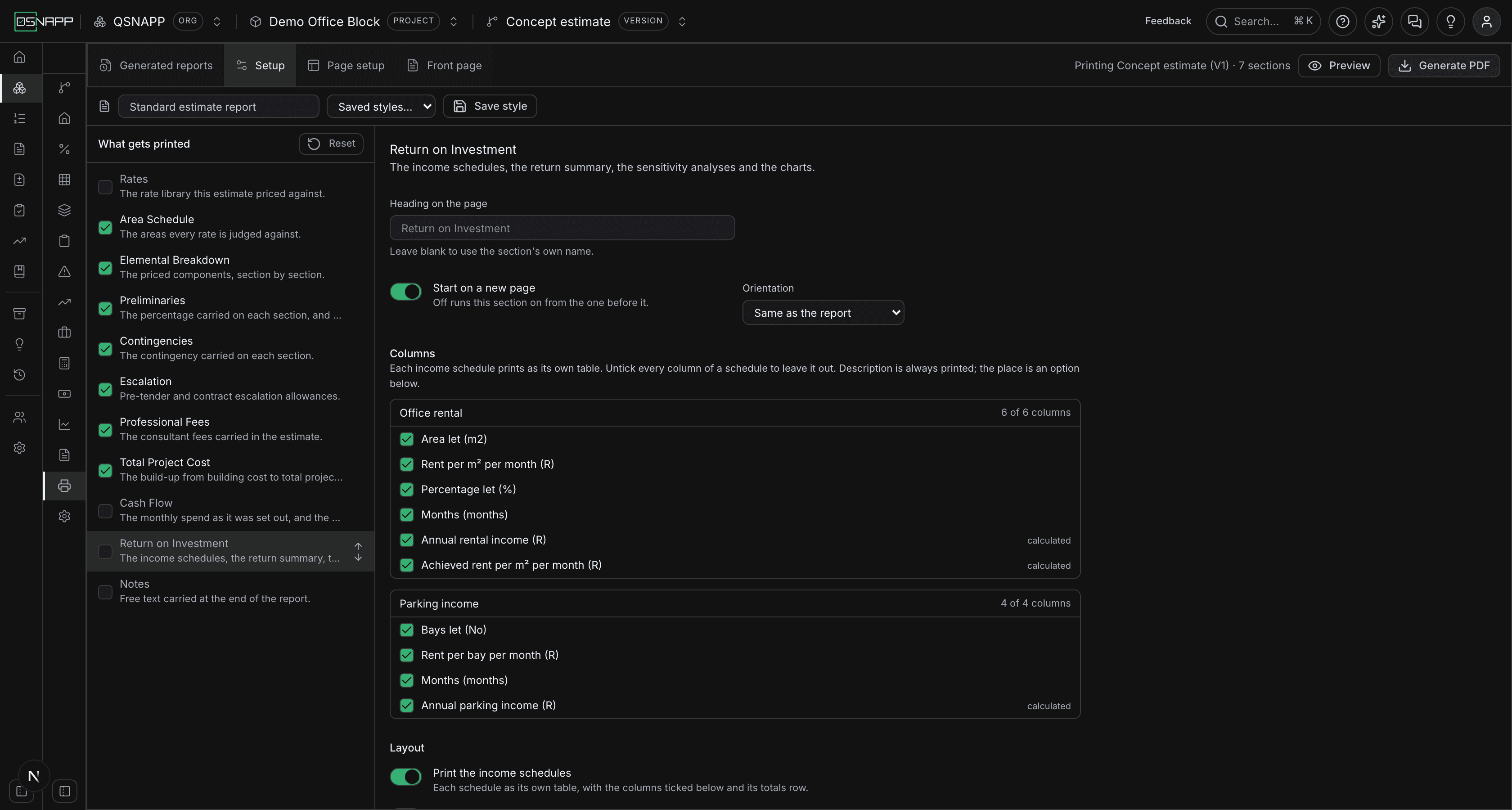 The Return on Investment section's settings: the income schedules' columns grouped by schedule, then Layout with five switches — income schedules, the place each line is about, the ROI summary, the sensitivity analyses, and the charts