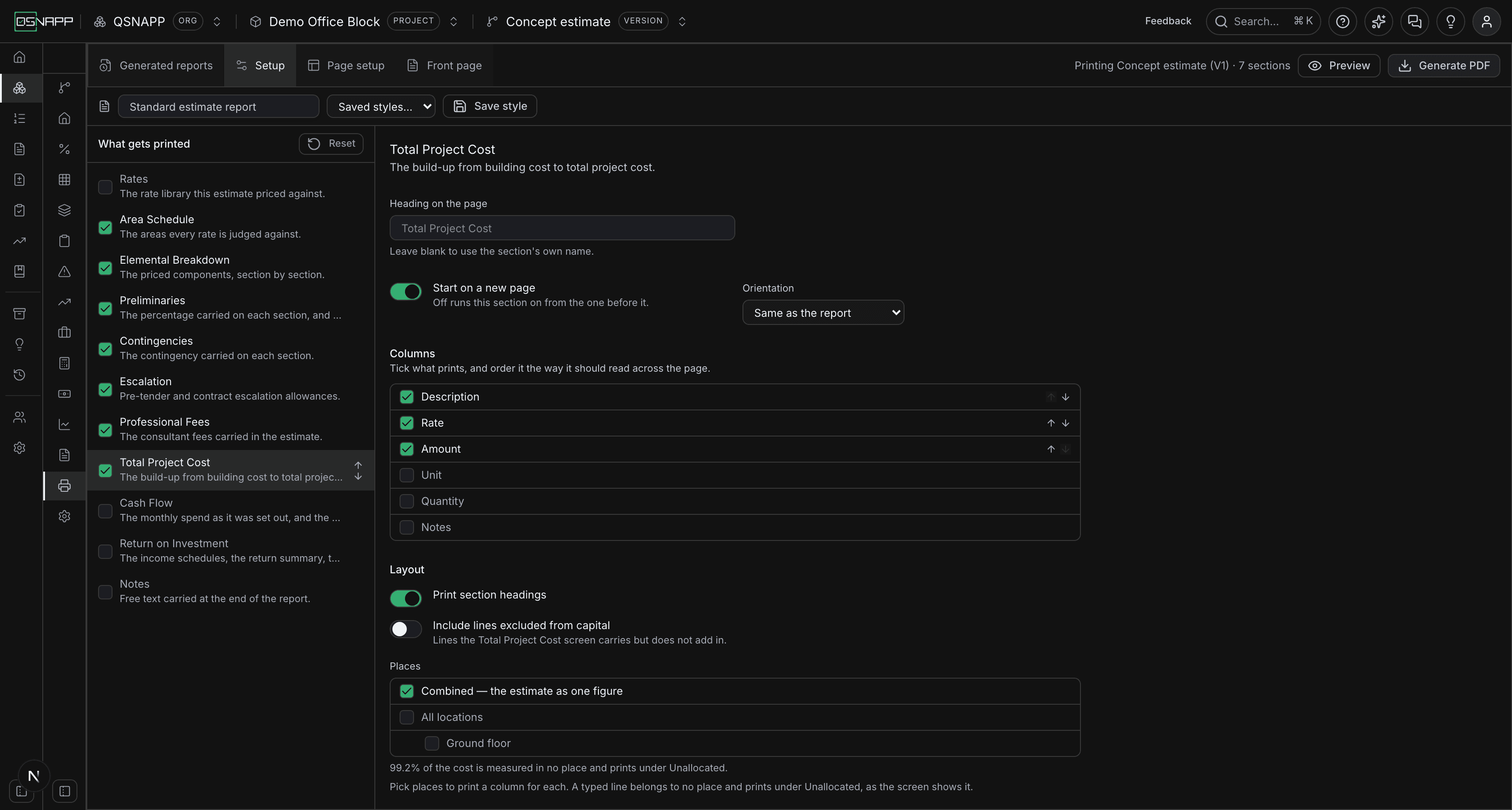 The Total Project Cost section's settings: six columns with Unit, Quantity and Notes unticked, then Layout with Print section headings, Include lines excluded from capital, and the Places picker