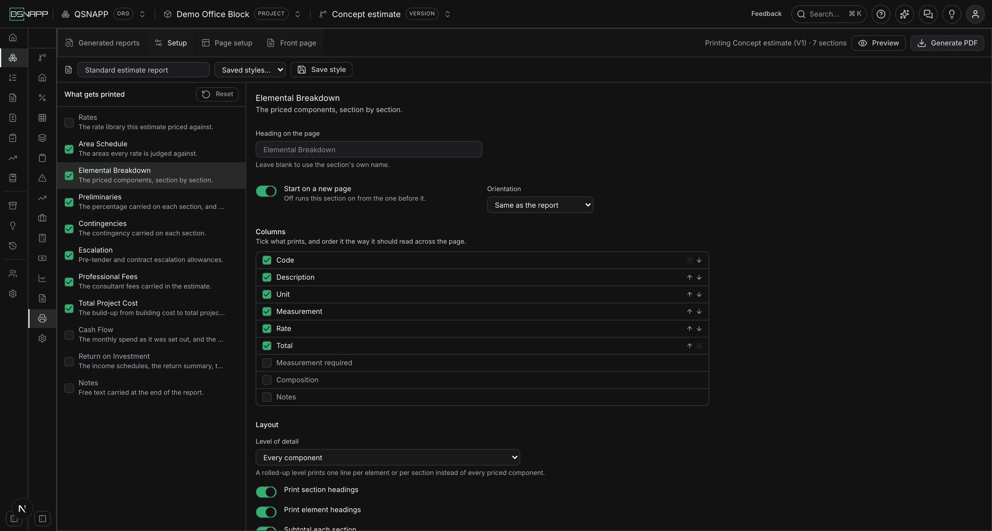 The Setup view: the tab strip with Generated reports, Setup, Page setup and Front page, the style bar beneath it, the What gets printed rail on the left with a tick per section, and the Elemental Breakdown section's settings on the right