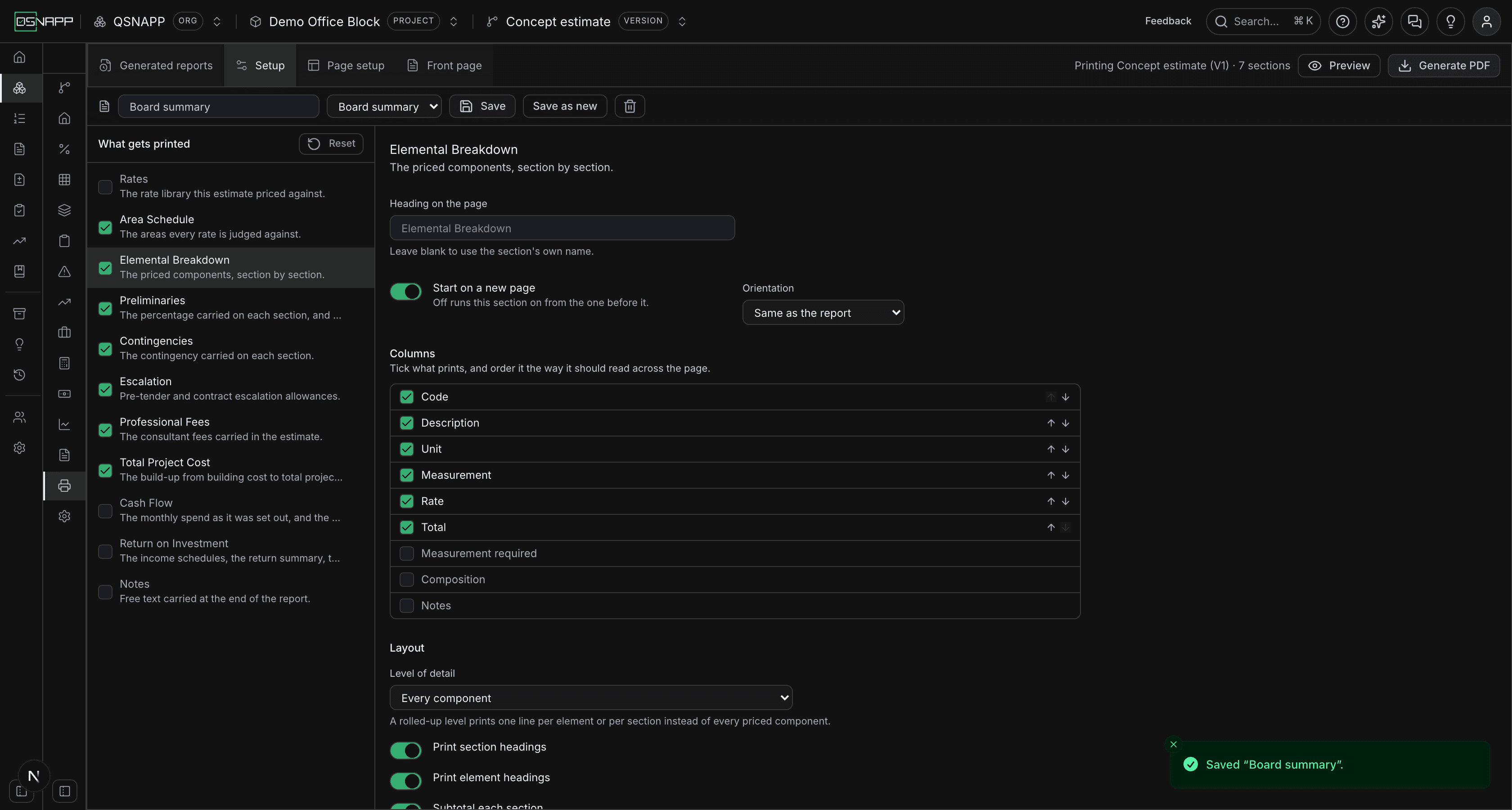 The style bar under the tab strip with a style called Board summary saved: the name field, the Saved styles list, and the Save, Save as new and delete buttons