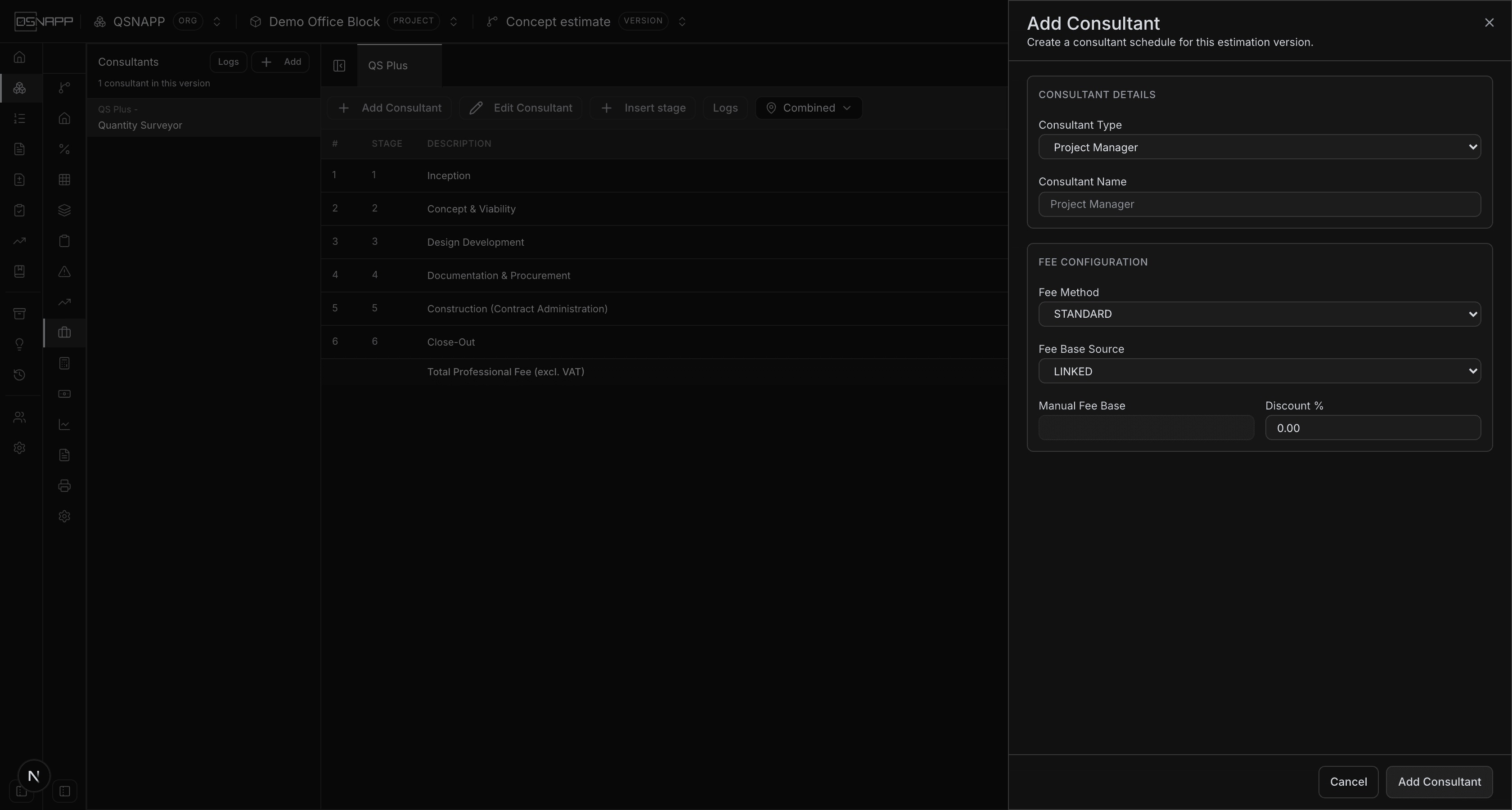 The Add Consultant drawer with consultant type, name, fee method, fee base source, manual fee base and discount fields