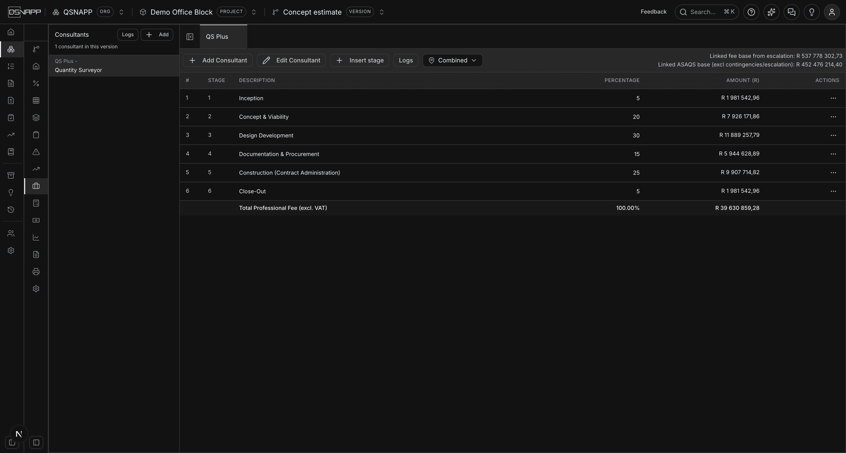 The professional fees screen with the quantity surveyor open, showing six ASAQS stages and the total fee