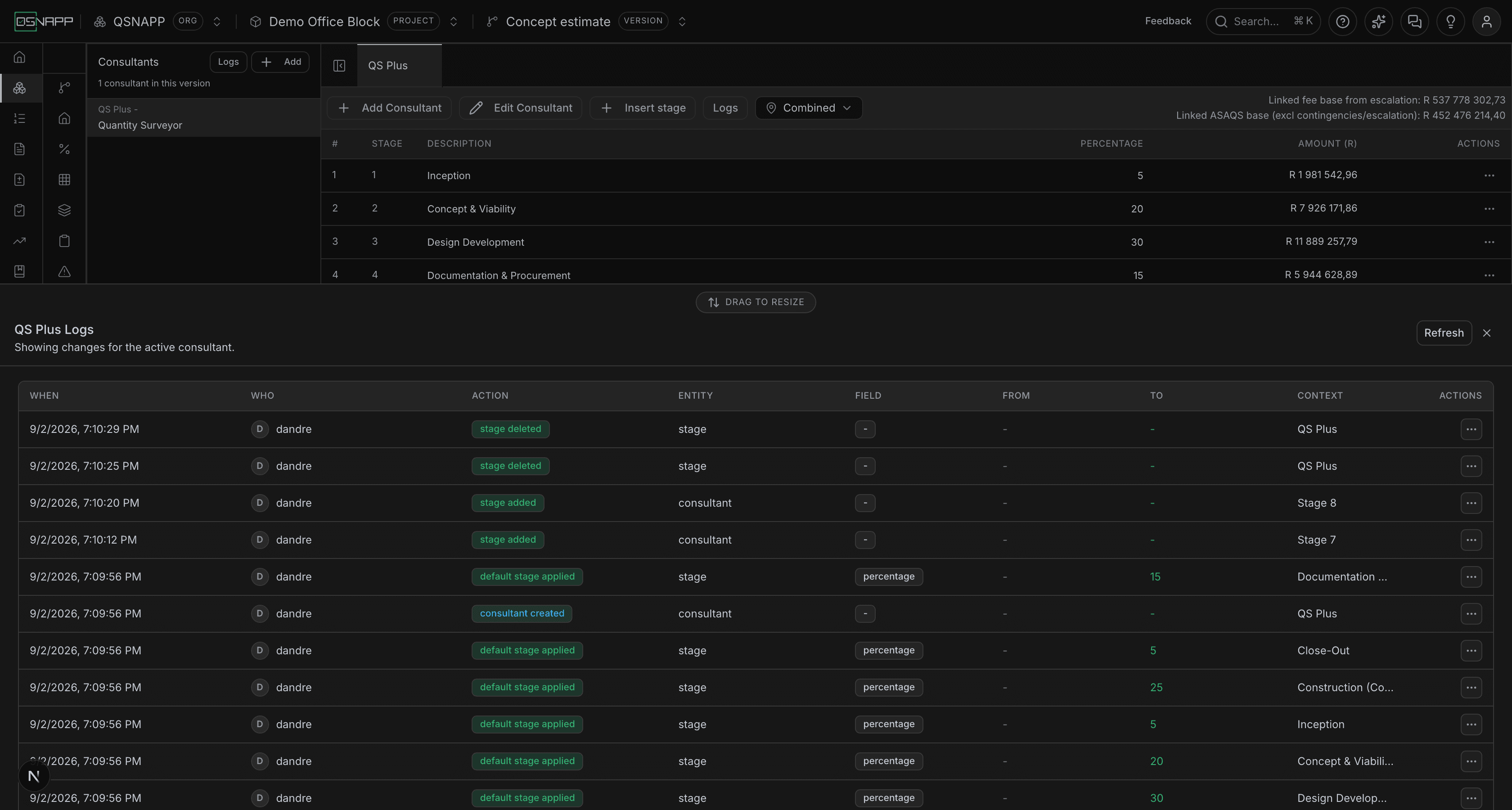 The logs drawer listing changes to the consultant: when, who, the action, the field, the value before and after
