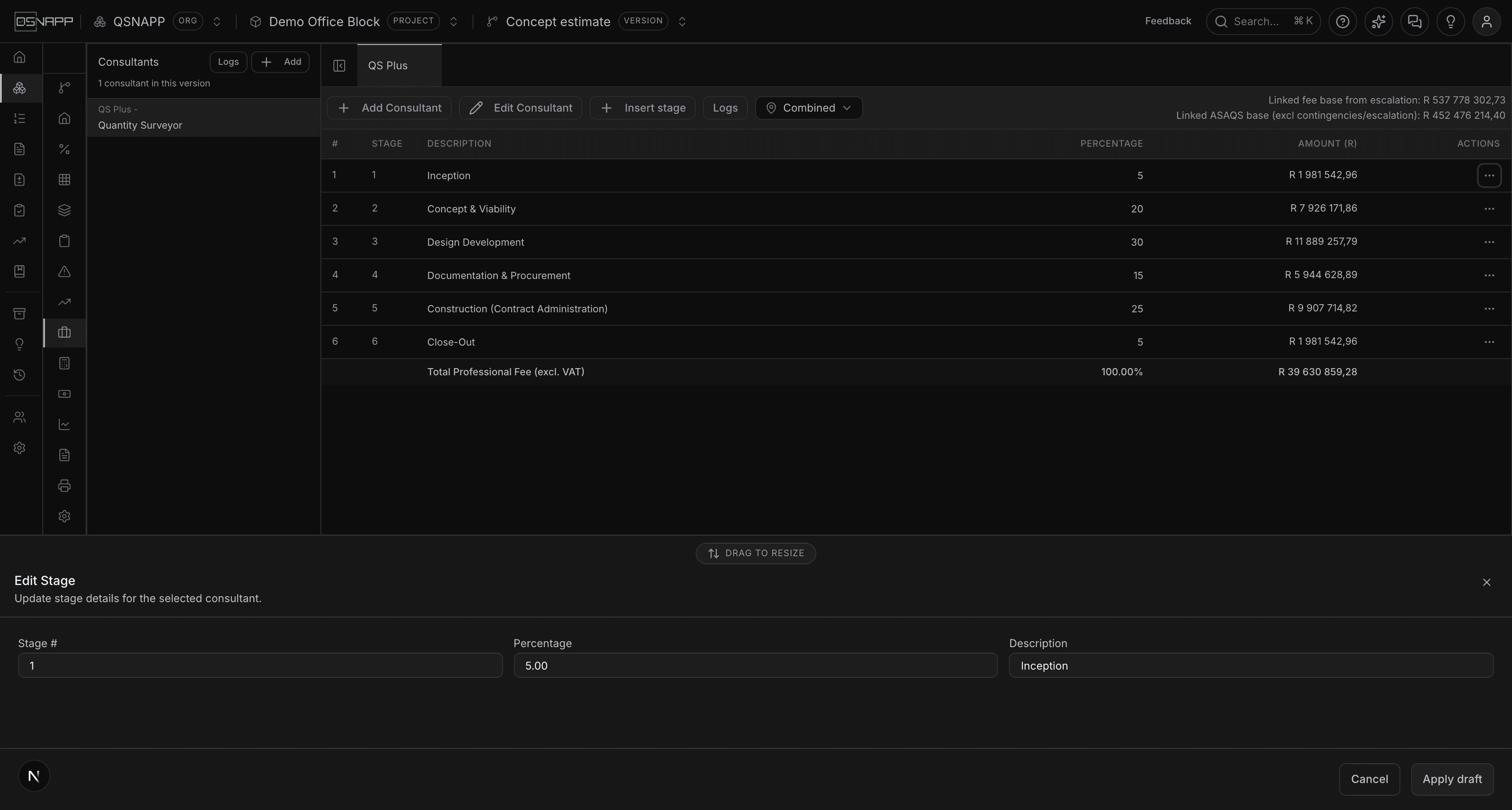 The Edit Stage panel at the foot of the screen, with stage number, percentage and description fields