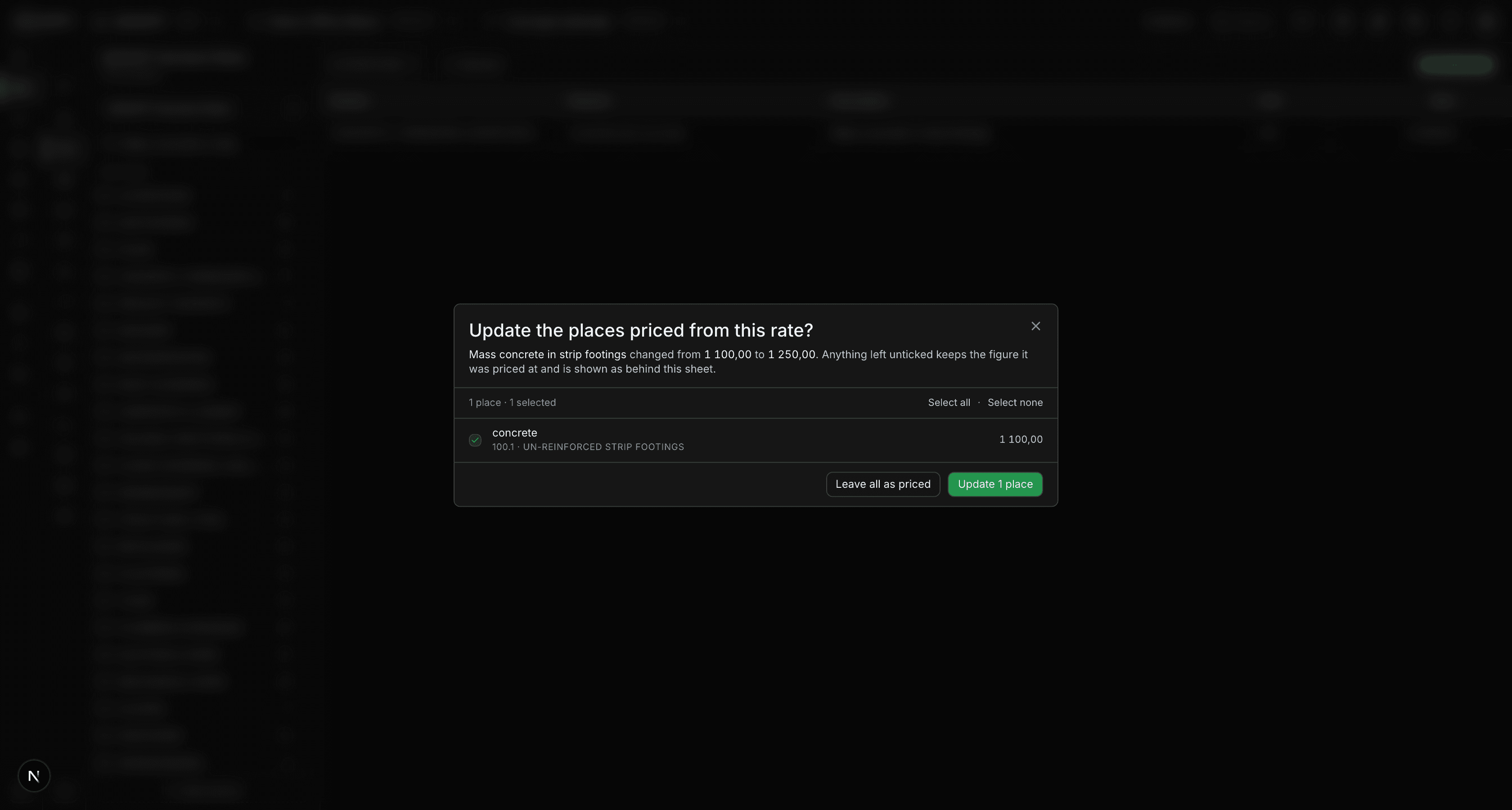 A dialog listing the one place priced from a rate that has just changed, with a tickbox beside it