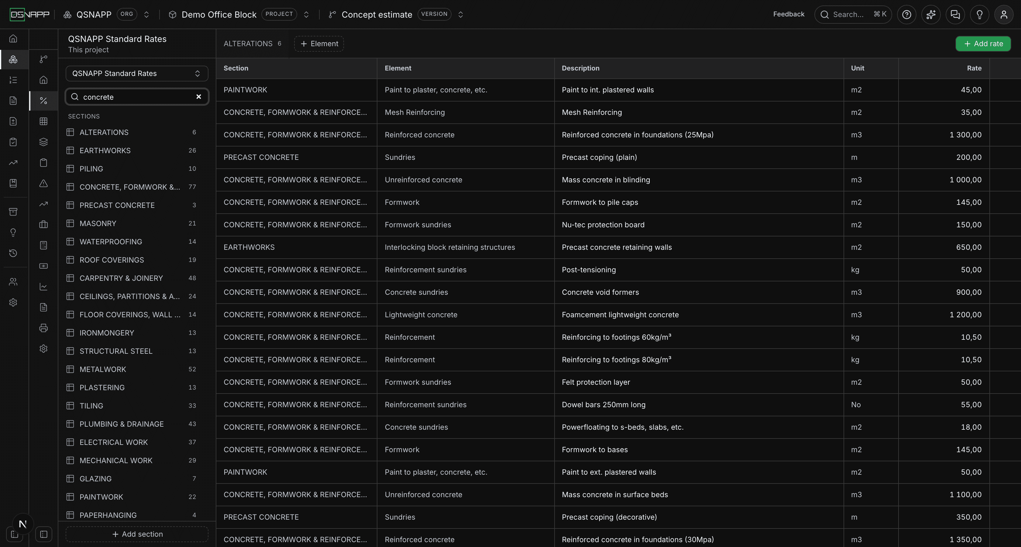 The rate grid filtered by a search, with a Section column added on the left