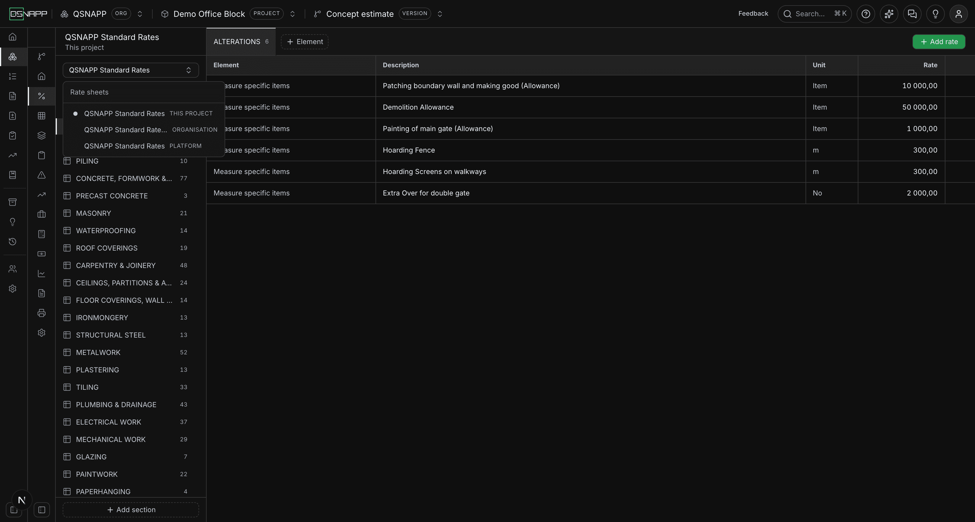 The rate sheet picker showing platform, organisation and project sheets