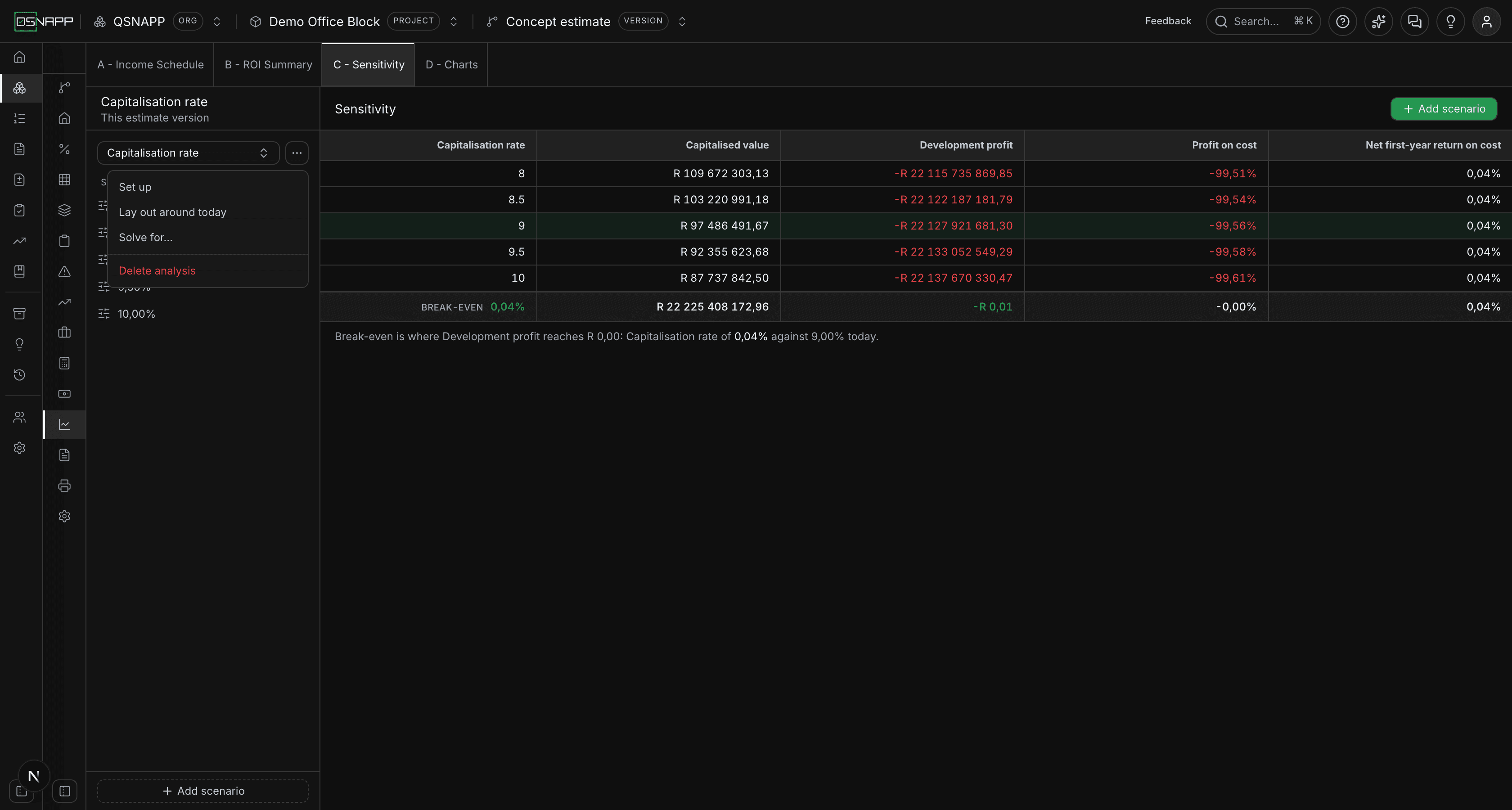 The menu beside the analysis picker, offering Set up, Lay out around today, Solve for and Delete analysis