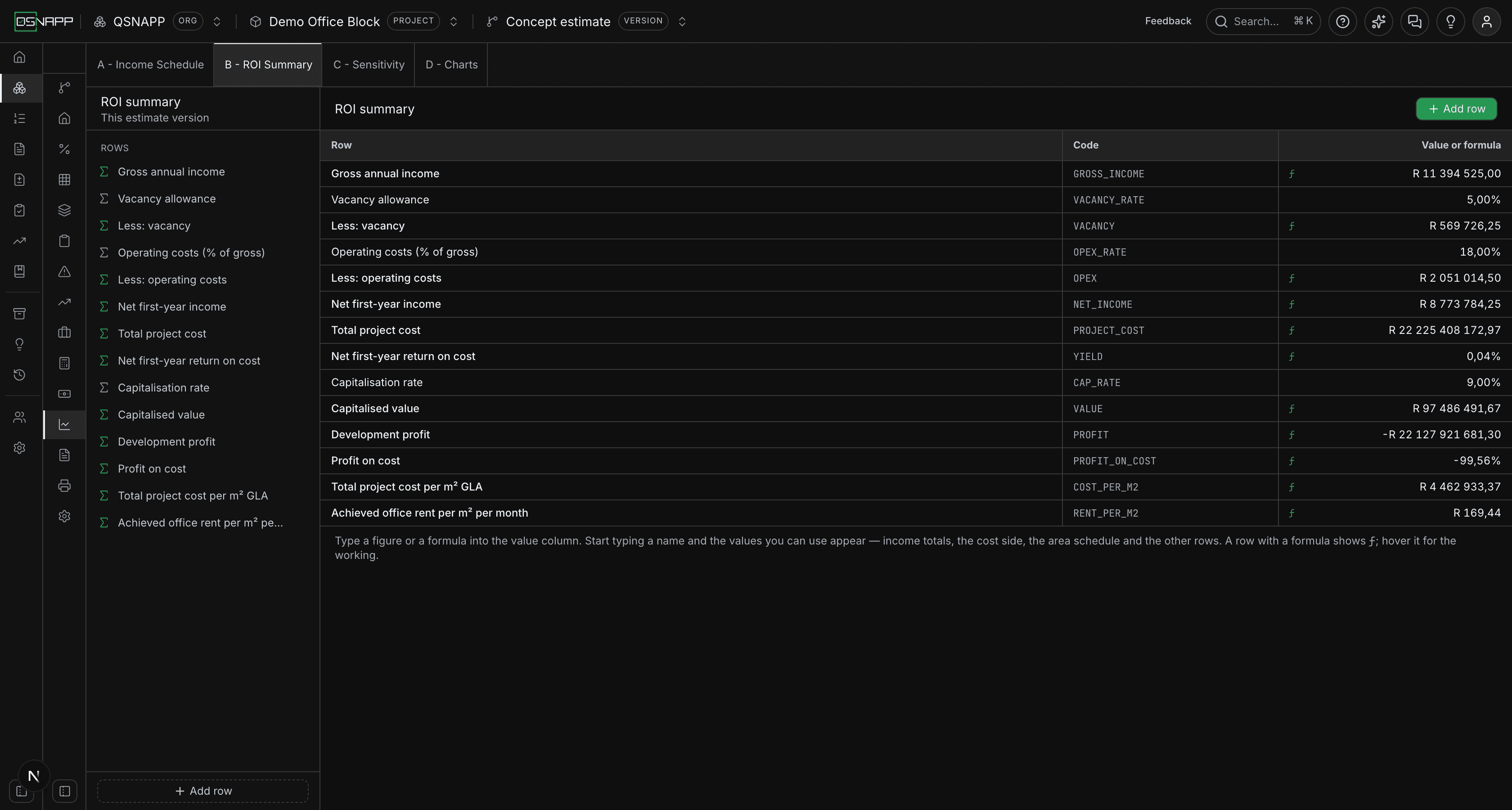 The ROI summary: rows with a label, a code and a value, the worked-out rows in the accent colour