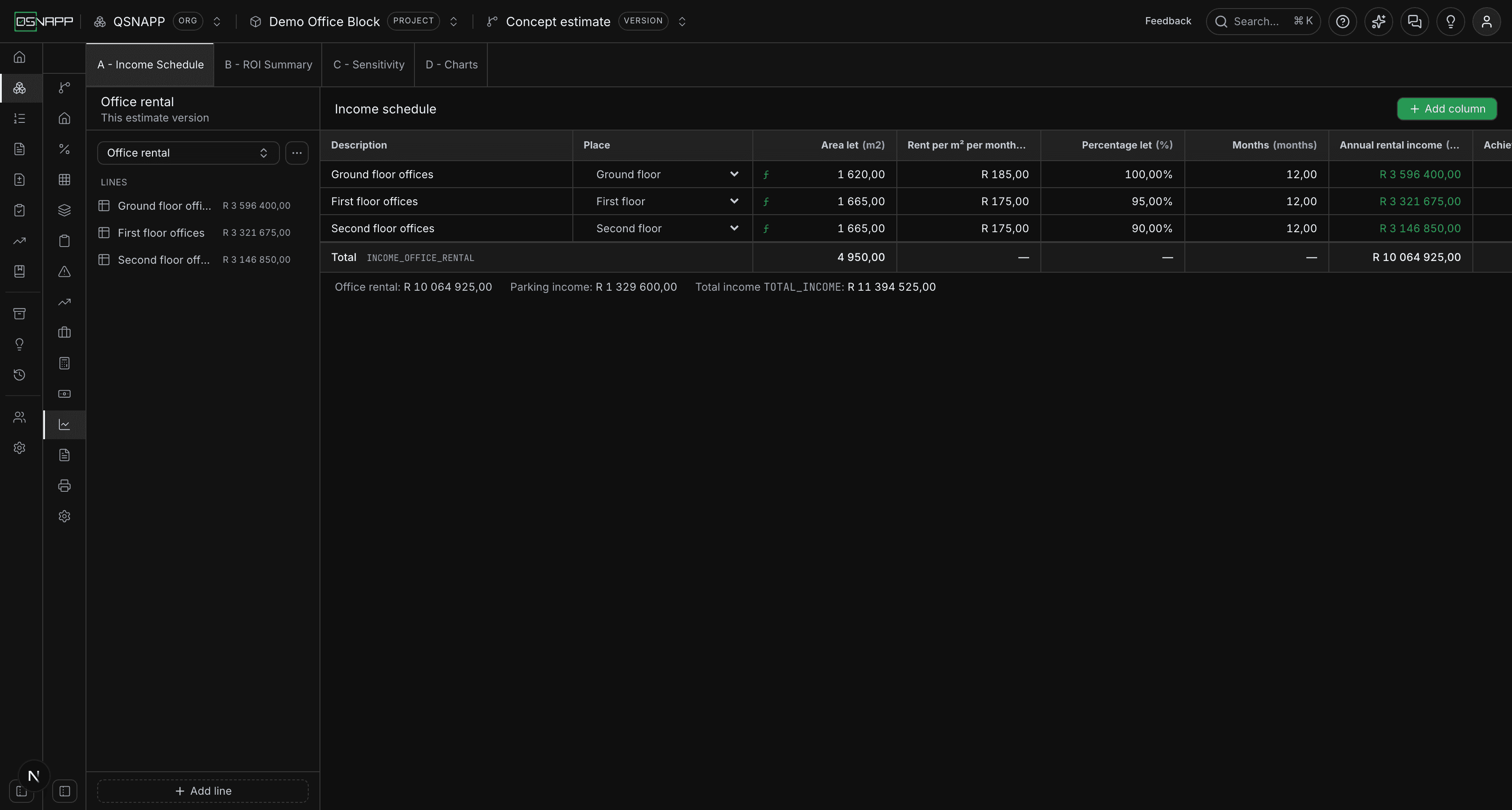 The Return on Investment tab open on an income schedule: four section tabs across the top, the schedule's lines in the left rail, and its columns in the grid