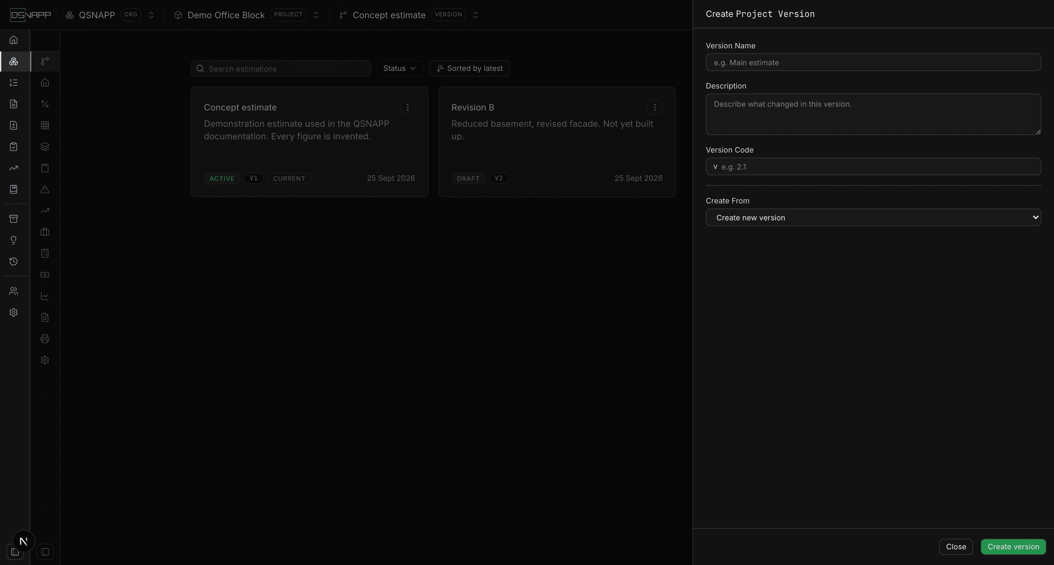 The create version panel showing name, description, version code and Create From