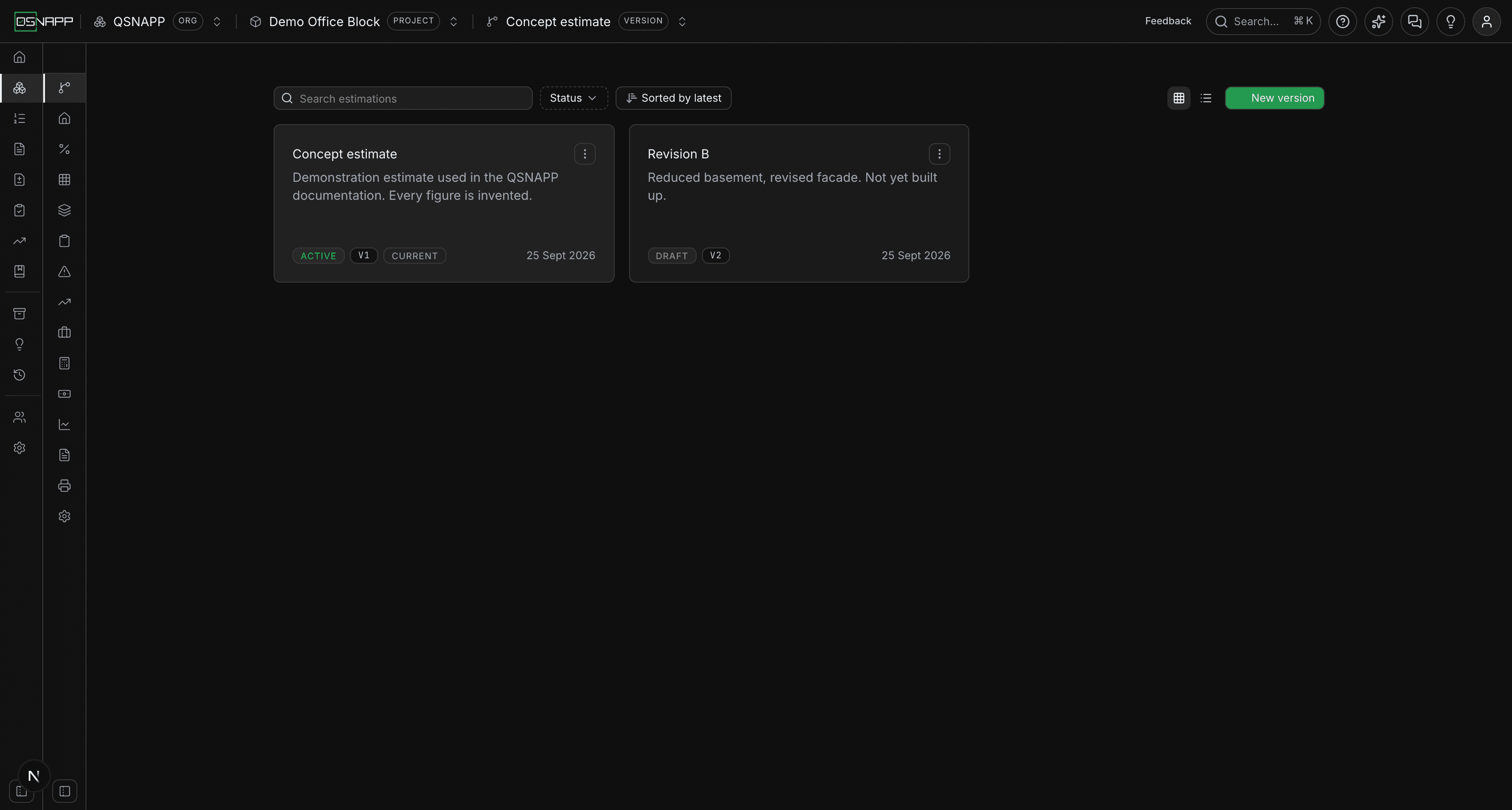 The version control screen listing two estimate versions